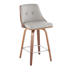 Gianna Mid-Century Modern Fixed-Height Counter Stool with Swivel in Walnut Wood and Light Grey Faux Leather with Square Chrome Metal Footrest by LumiSource - Set of 2