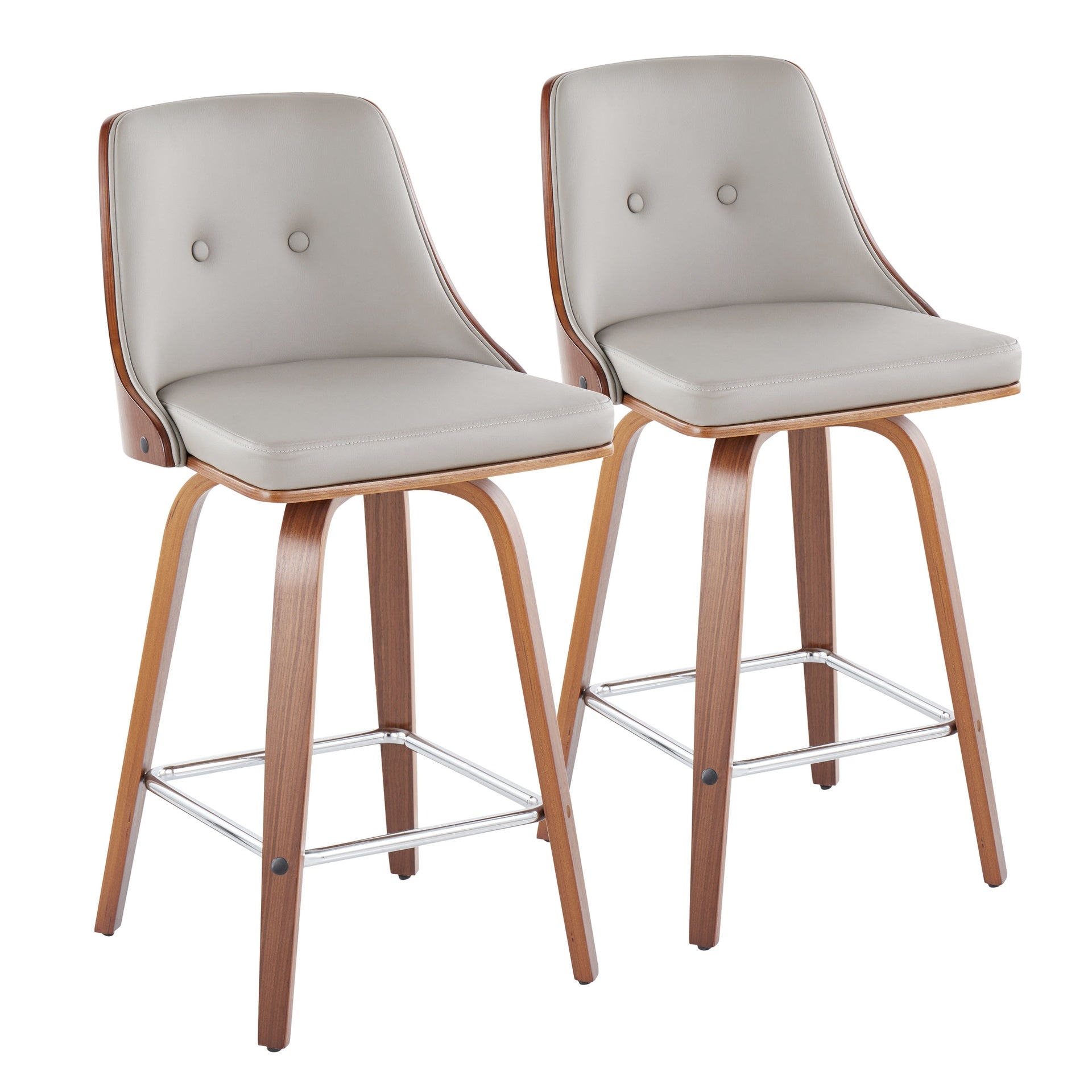 Gianna Mid-Century Modern Fixed-Height Counter Stool with Swivel in Walnut Wood and Light Grey Faux Leather with Square Chrome Metal Footrest by LumiSource - Set of 2