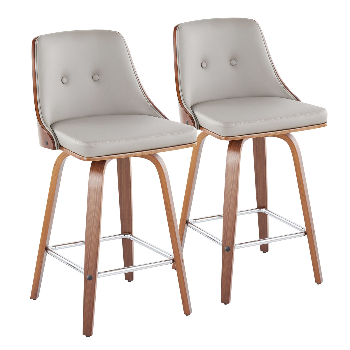 Gianna Mid-Century Modern Fixed-Height Counter Stool with Swivel in Walnut Wood and Light Grey Faux Leather with Square Chrome Metal Footrest by LumiSource - Set of 2