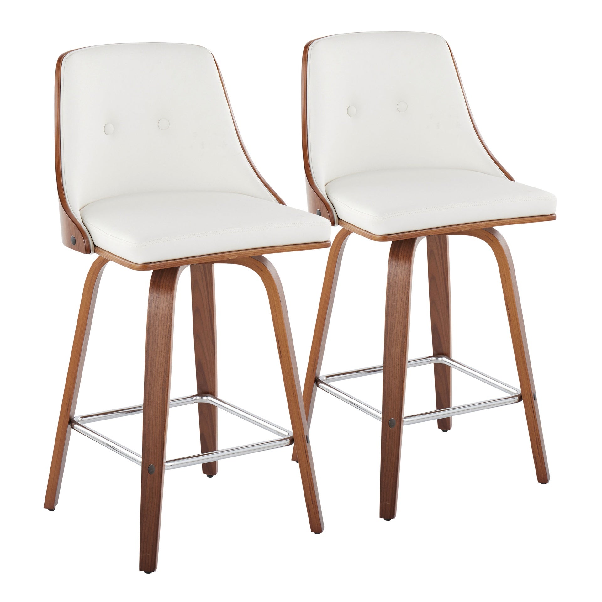 Gianna Mid-Century Modern Fixed-Height Counter Stool with Swivel in Walnut Wood and Light White Faux Leather with Square Chrome Metal Footrest by LumiSource - Set of 2