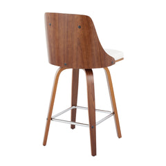 Gianna Mid-Century Modern Fixed-Height Counter Stool with Swivel in Walnut Wood and Light White Faux Leather with Square Chrome Metal Footrest by LumiSource - Set of 2