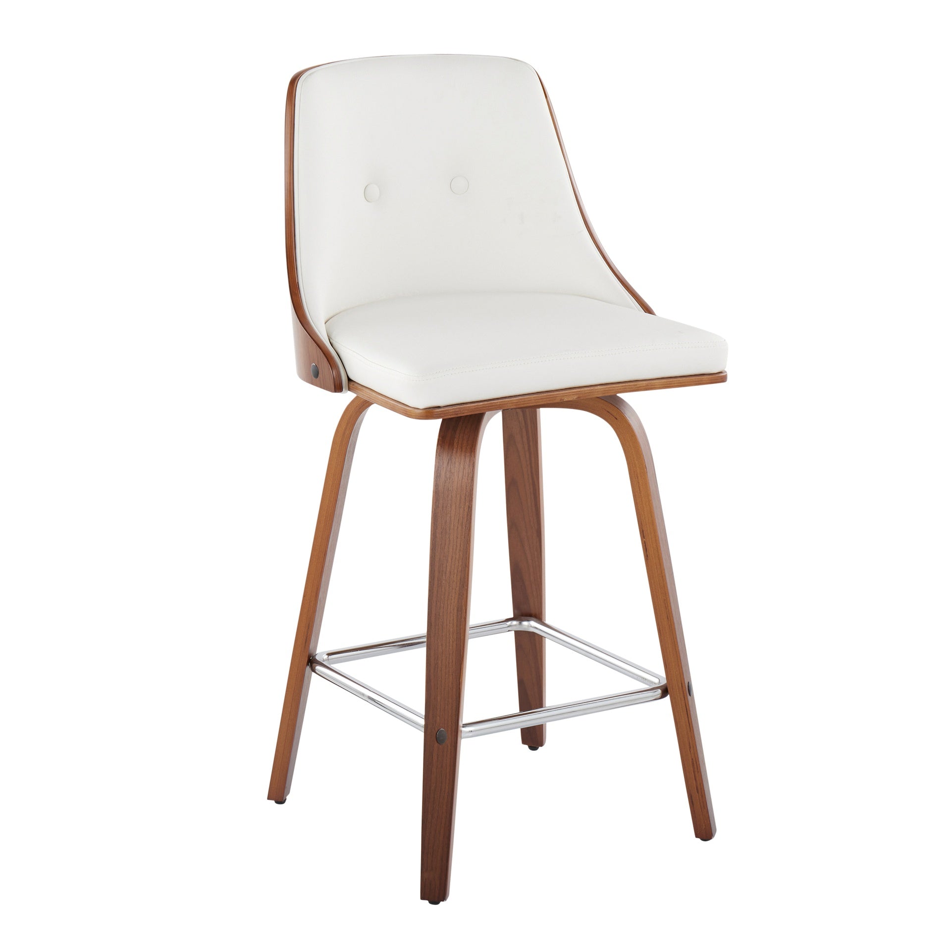Gianna Mid-Century Modern Fixed-Height Counter Stool with Swivel in Walnut Wood and Light White Faux Leather with Square Chrome Metal Footrest by LumiSource - Set of 2