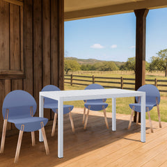 Holiday - 4-Pack Grey Blue Chairs – Red Oak Wood Legs & PP Seat with 55 Inch Indoor/Outdoor Multi-Purpose White Modern Long Table - Lightweight PP Tabletop with Metal Legs