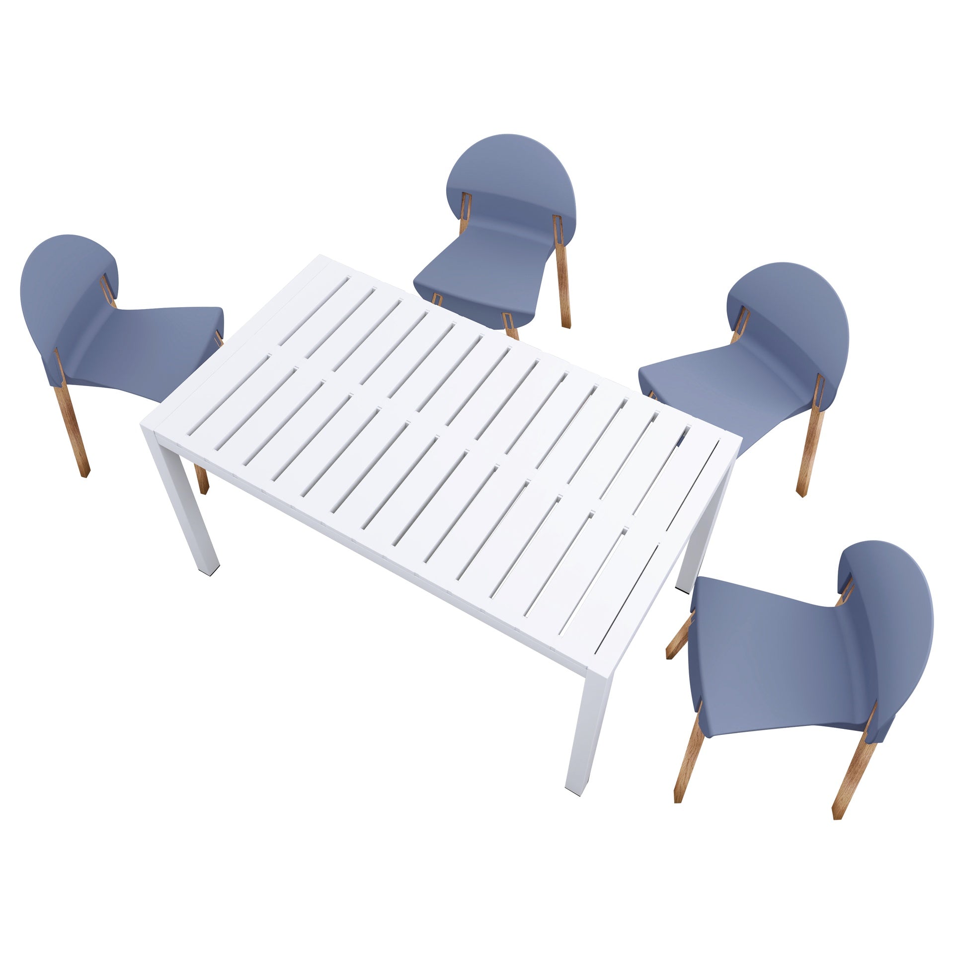 Holiday - 4-Pack Grey Blue Chairs – Red Oak Wood Legs & PP Seat with 55 Inch Indoor/Outdoor Multi-Purpose White Modern Long Table - Lightweight PP Tabletop with Metal Legs
