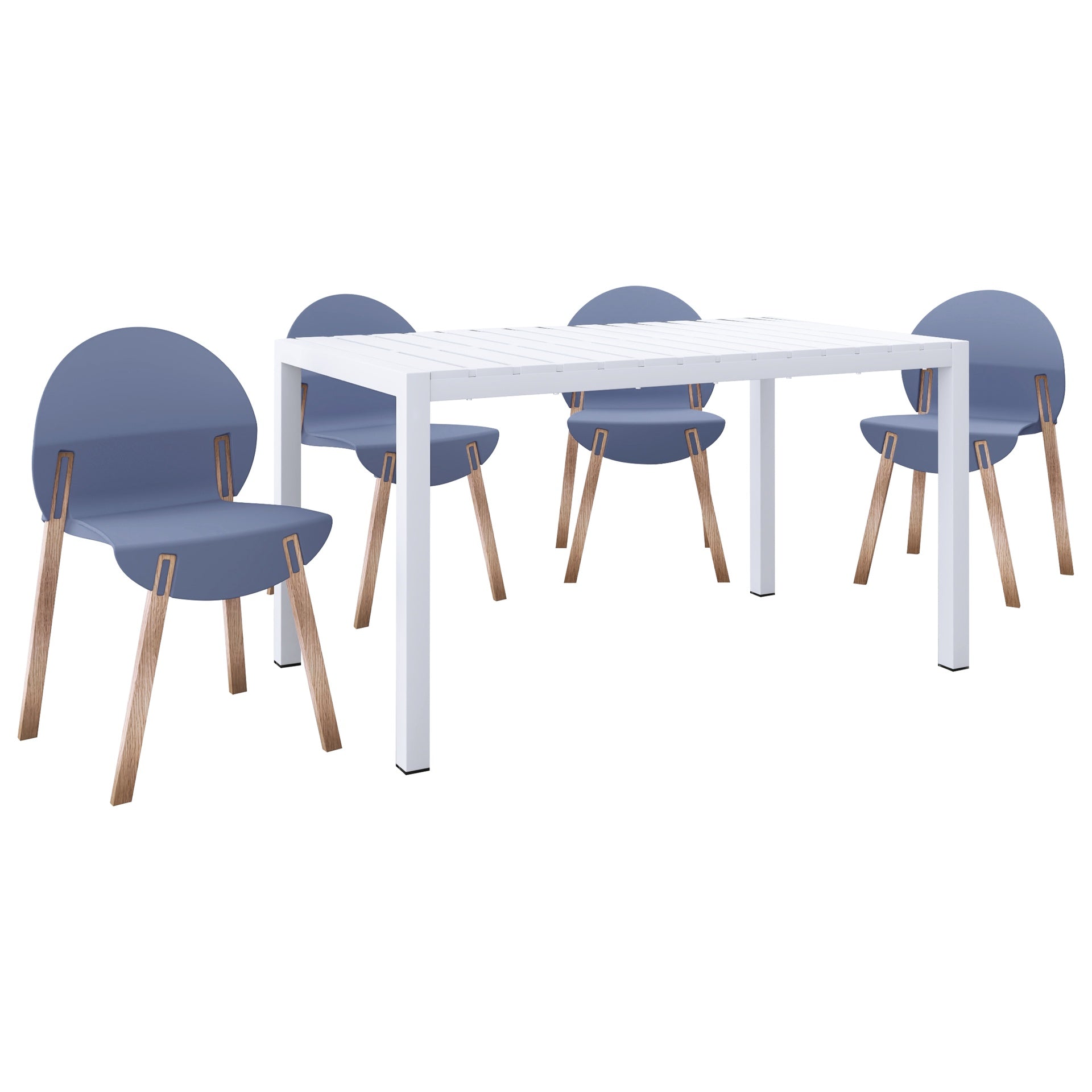 Holiday - 4-Pack Grey Blue Chairs – Red Oak Wood Legs & PP Seat with 55 Inch Indoor/Outdoor Multi-Purpose White Modern Long Table - Lightweight PP Tabletop with Metal Legs