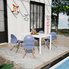 Holiday - 4-Pack Grey Blue Chairs – Red Oak Wood Legs & PP Seat with 55 Inch Indoor/Outdoor Multi-Purpose White Modern Long Table - Lightweight PP Tabletop with Metal Legs
