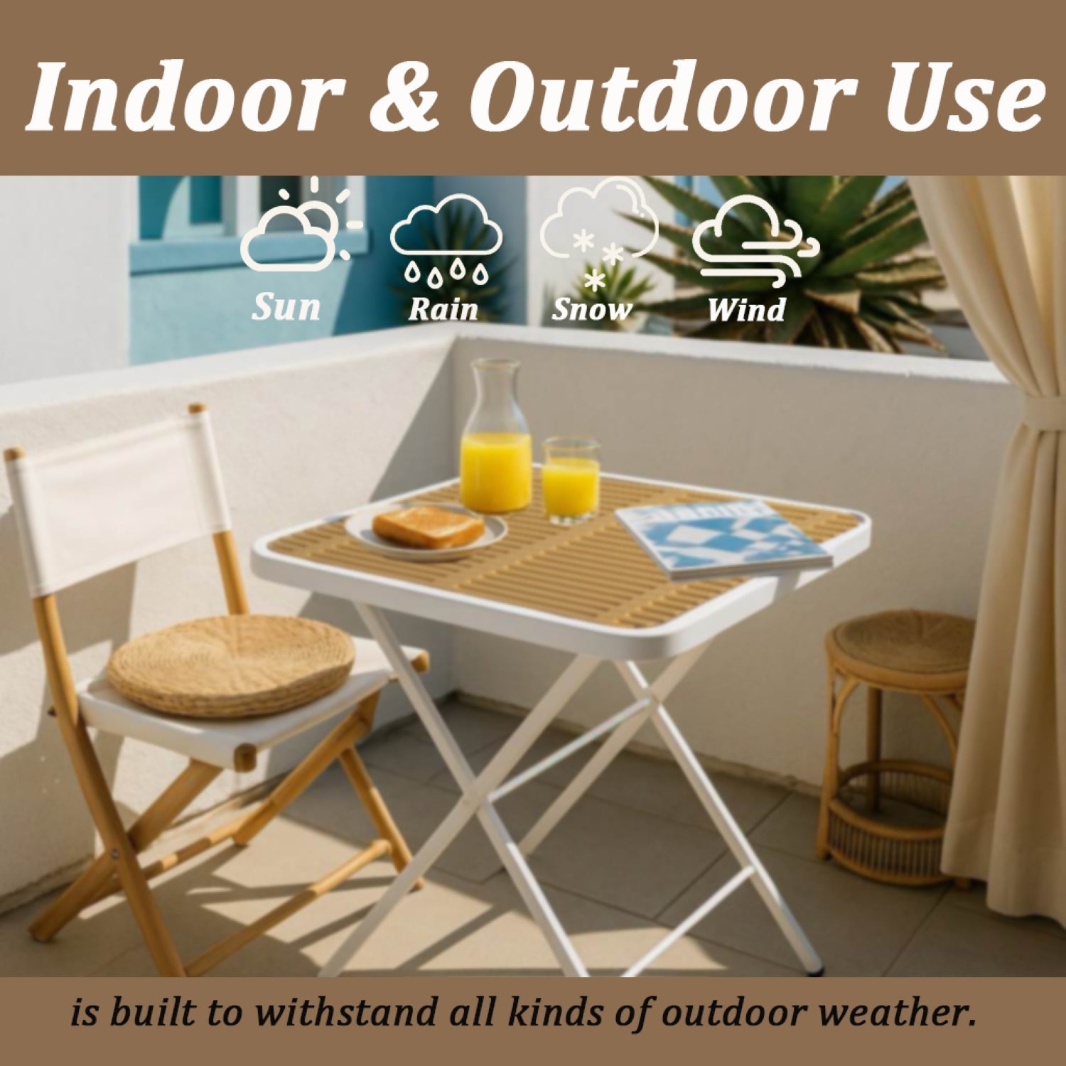 Holiday - Haze Green PP Single-Side Chair- One-Piece Design for Indoor & Outdoor Use with Modern folding indoor/outdoor multi-functional square table- PP tabletop with metal legs(White, khaki)