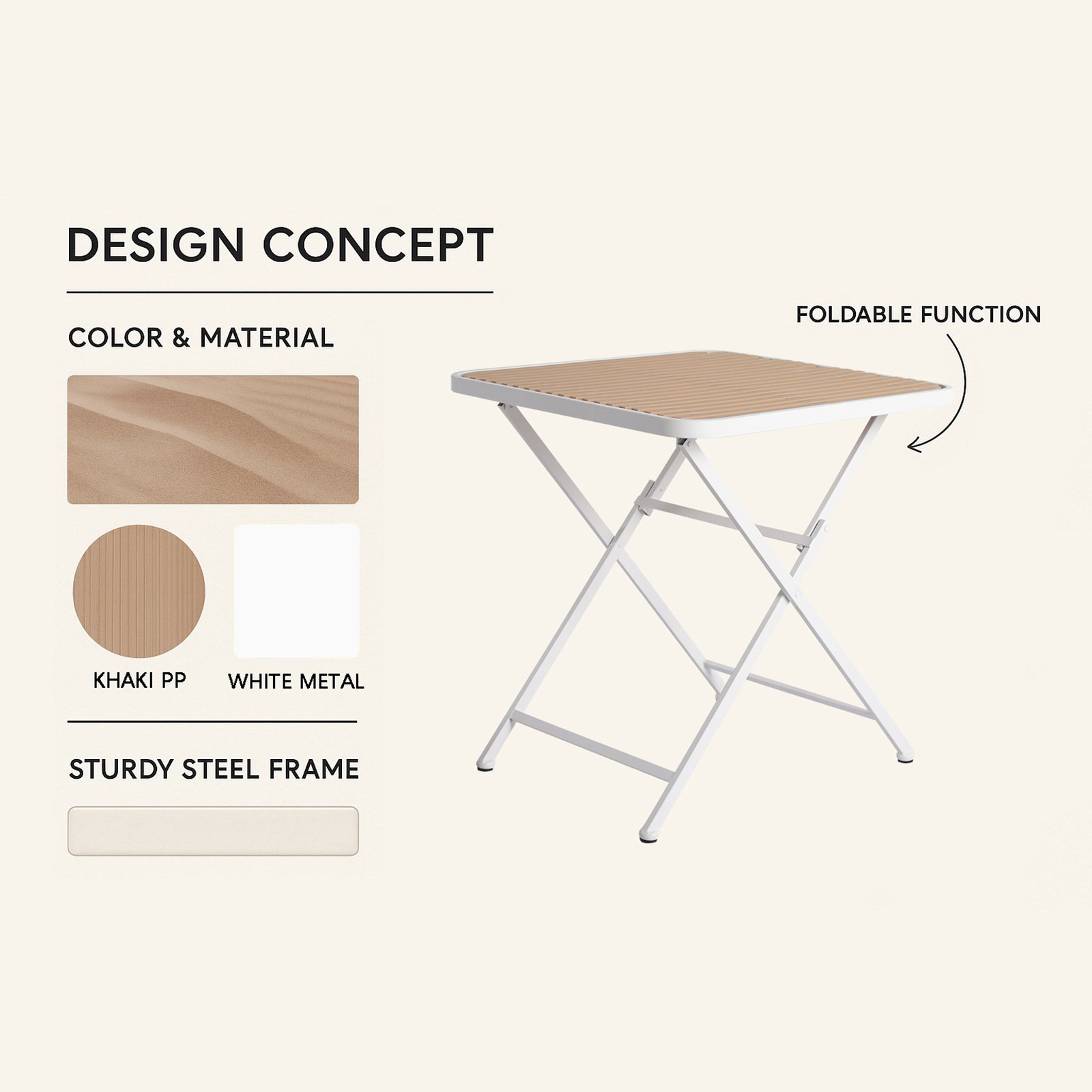 Holiday - Haze Green PP Single-Side Chair- One-Piece Design for Indoor & Outdoor Use with Modern folding indoor/outdoor multi-functional square table- PP tabletop with metal legs(White, khaki)