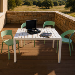 Holiday - Haze Green Polypropylene Single-Side Chair- One-Piece Design for Indoor & Outdoor Use with 55 Inch White Modern Long Table - Indoor/Outdoor- Lightweight PP Tabletop with Metal