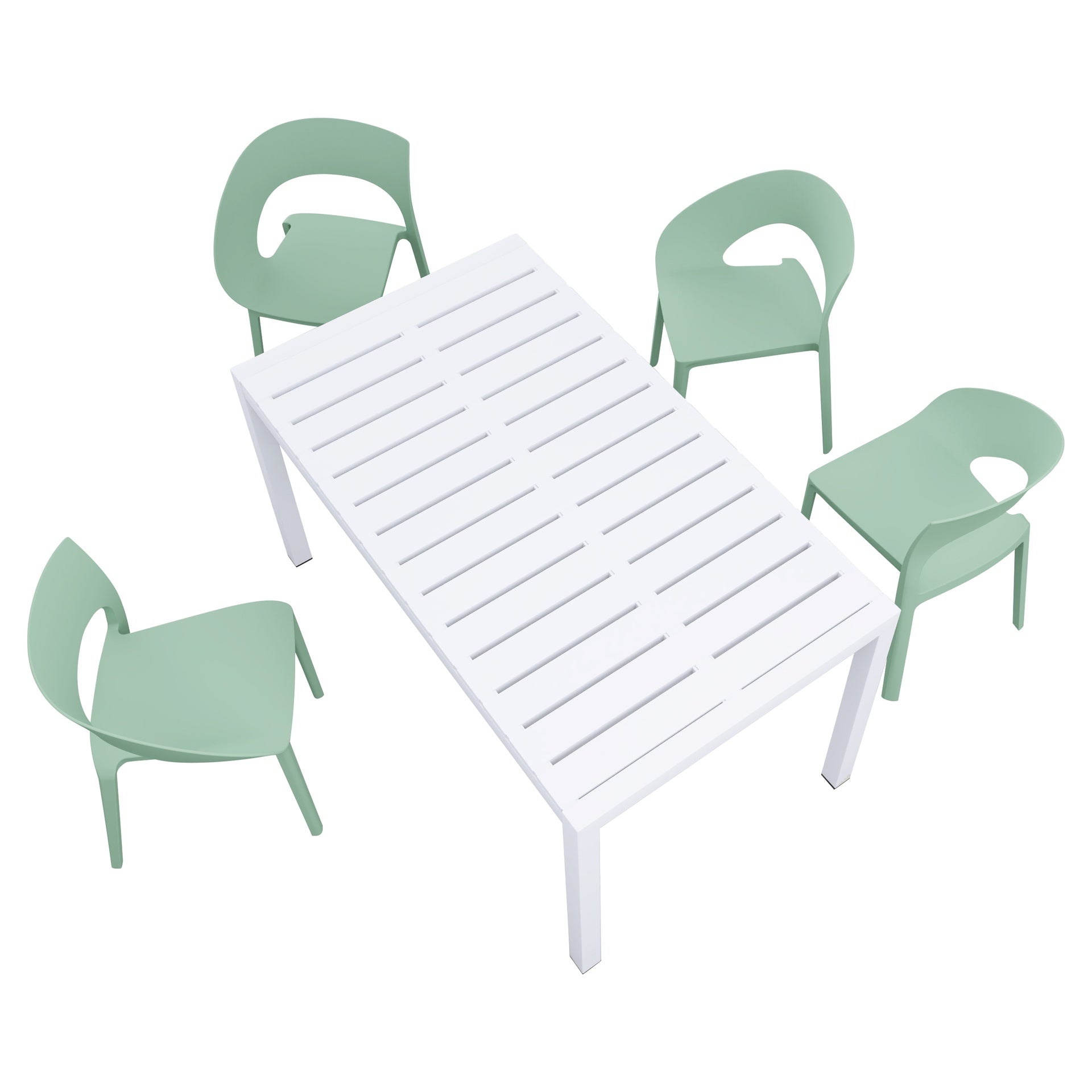 Holiday - Haze Green Polypropylene Single-Side Chair- One-Piece Design for Indoor & Outdoor Use with 55 Inch White Modern Long Table - Indoor/Outdoor- Lightweight PP Tabletop with Metal