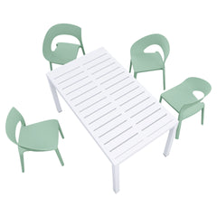 Holiday - Haze Green Polypropylene Single-Side Chair- One-Piece Design for Indoor & Outdoor Use with 55 Inch White Modern Long Table - Indoor/Outdoor- Lightweight PP Tabletop with Metal