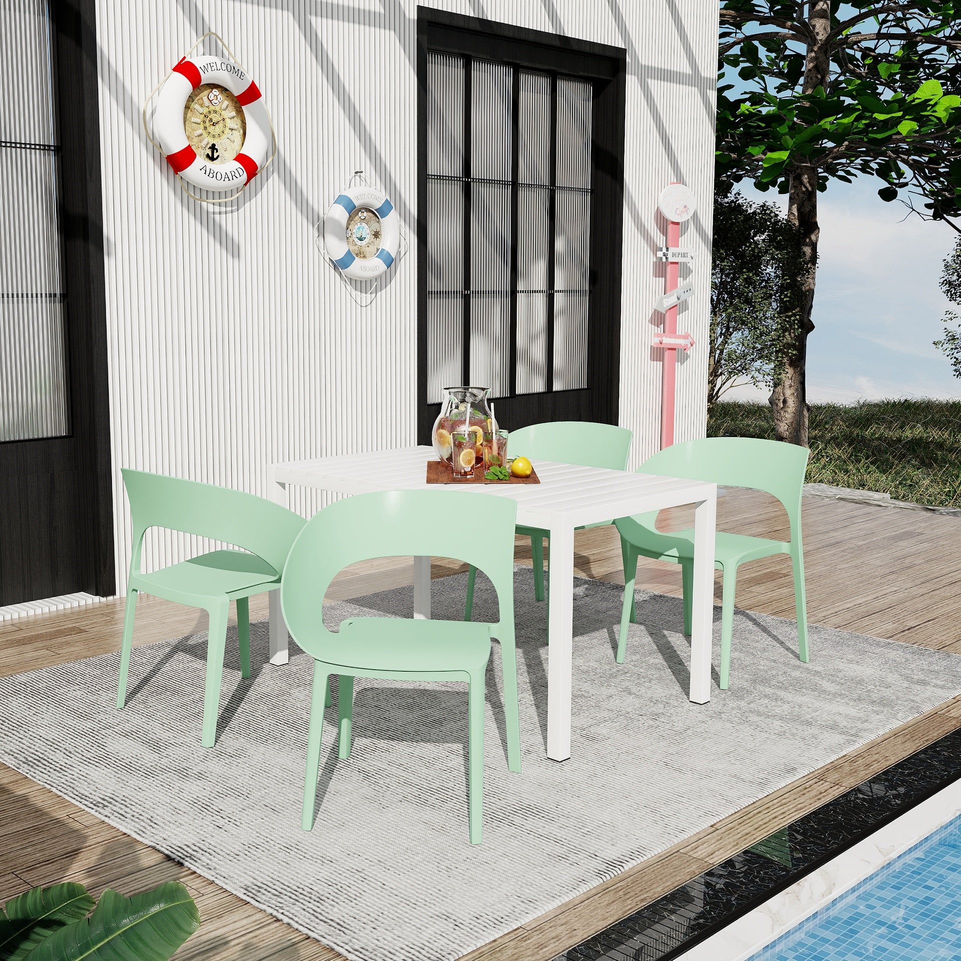Holiday - Haze Green Polypropylene Single-Side Chair- One-Piece Design for Indoor & Outdoor Use with 55 Inch White Modern Long Table - Indoor/Outdoor- Lightweight PP Tabletop with Metal