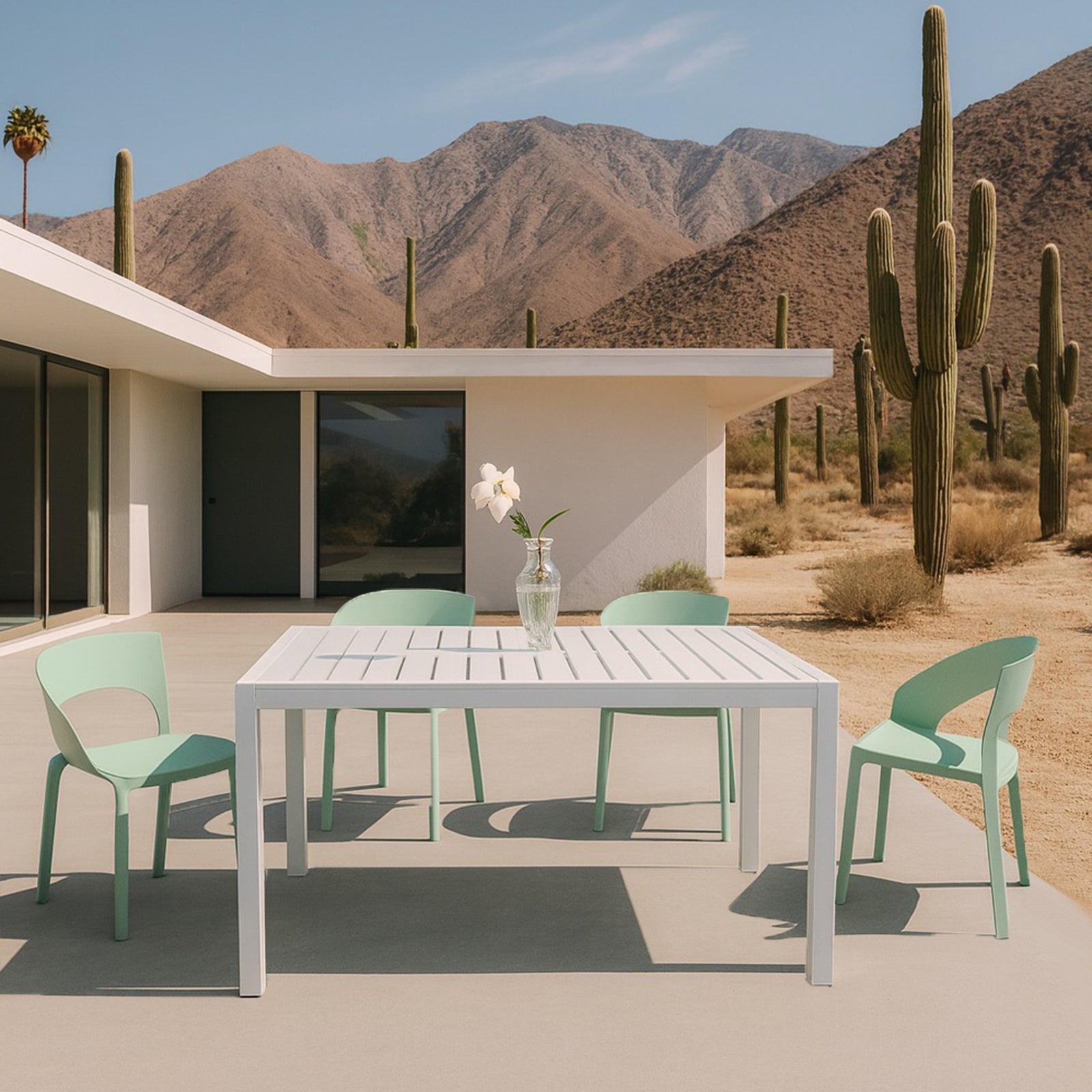 Holiday - Haze Green Polypropylene Single-Side Chair- One-Piece Design for Indoor & Outdoor Use with 55 Inch White Modern Long Table - Indoor/Outdoor- Lightweight PP Tabletop with Metal