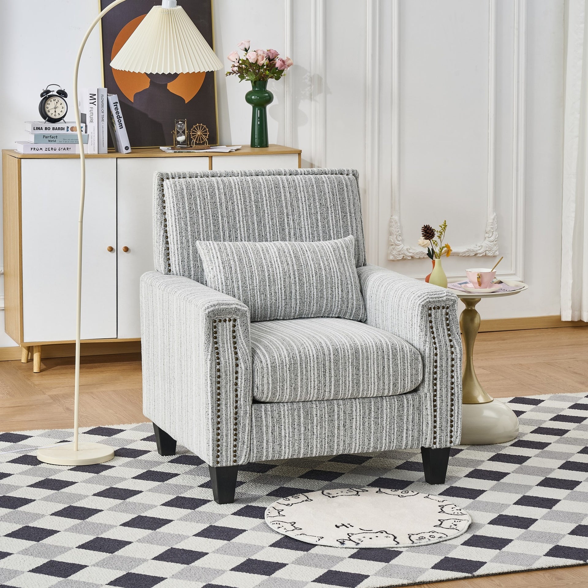 Modern Accent Chair with Arms,Comfy Upholstered Armchair for Living Room,Grey and White Striped Armchair with Nailhead Trim,For Living Room, Bedroom, Apartment,Office
