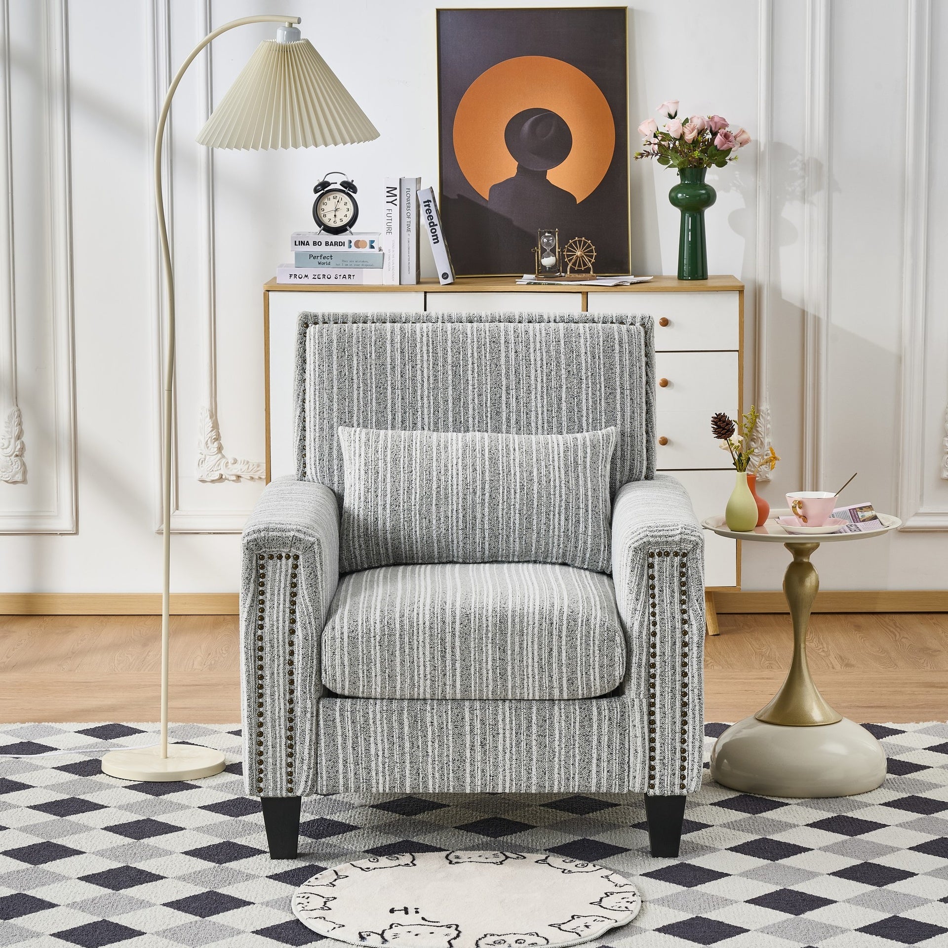Modern Accent Chair with Arms,Comfy Upholstered Armchair for Living Room,Grey and White Striped Armchair with Nailhead Trim,For Living Room, Bedroom, Apartment,Office