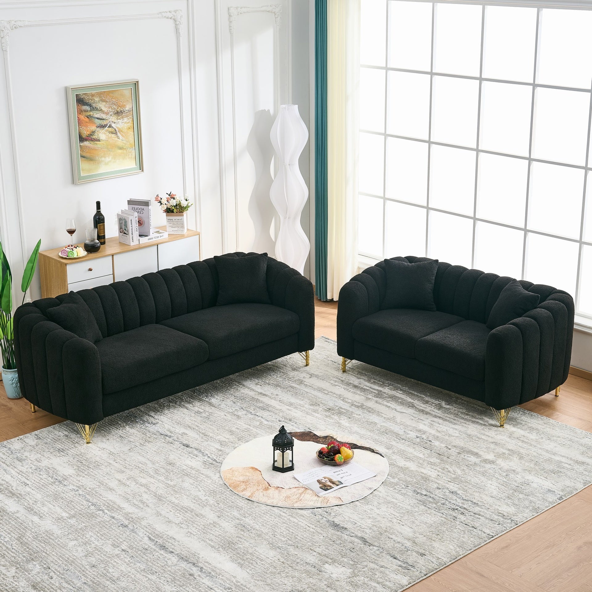 Oversized Chenille Sofa,Luxury 3+2 Seater Deep Couch,Modern Tufted Couch, Gold Metal Legs Sofa for Living Room, Bedroom, Apartment (Black)