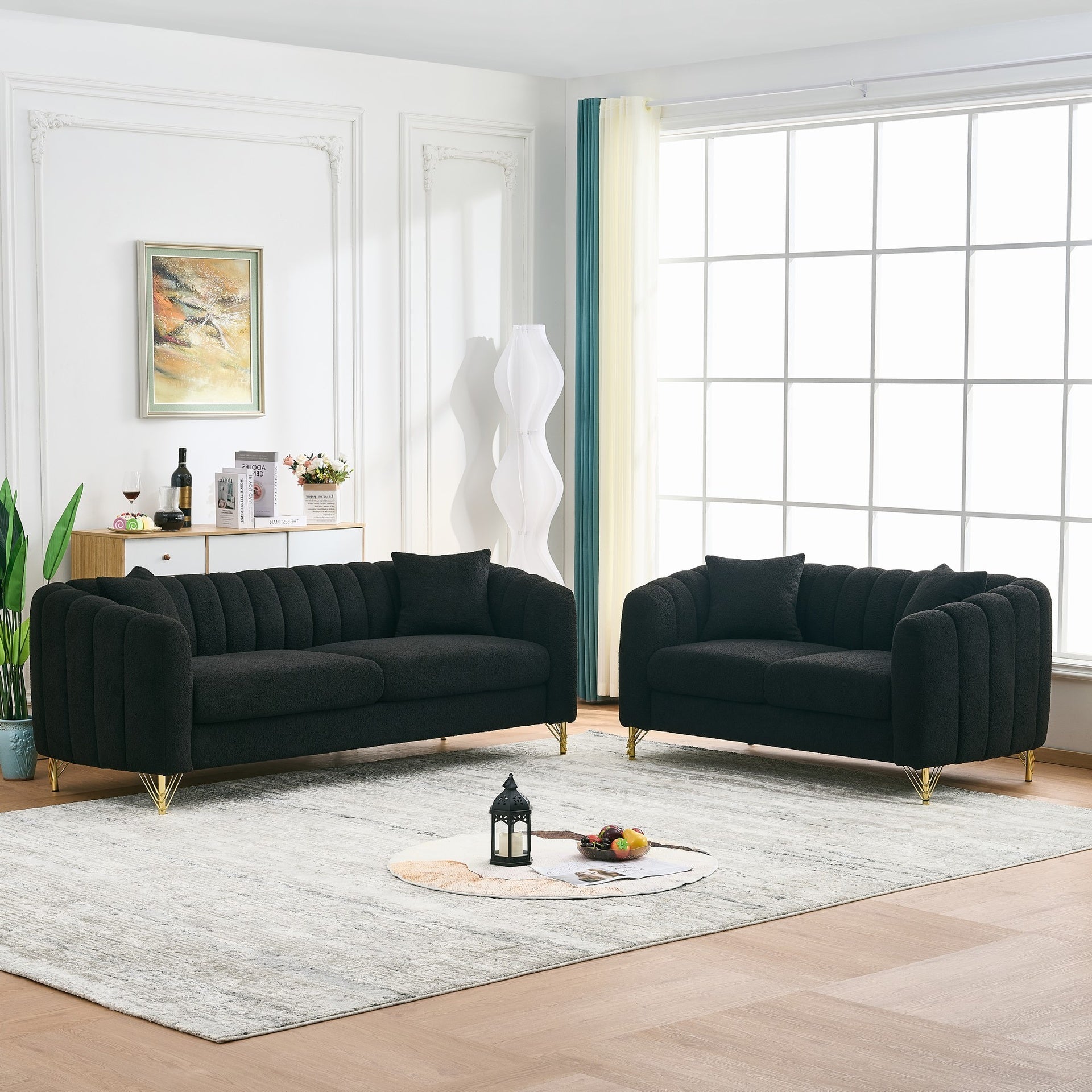 Oversized Chenille Sofa,Luxury 3+2 Seater Deep Couch,Modern Tufted Couch, Gold Metal Legs Sofa for Living Room, Bedroom, Apartment (Black)