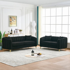Oversized Chenille Sofa,Luxury 3+2 Seater Deep Couch,Modern Tufted Couch, Gold Metal Legs Sofa for Living Room, Bedroom, Apartment (Black)