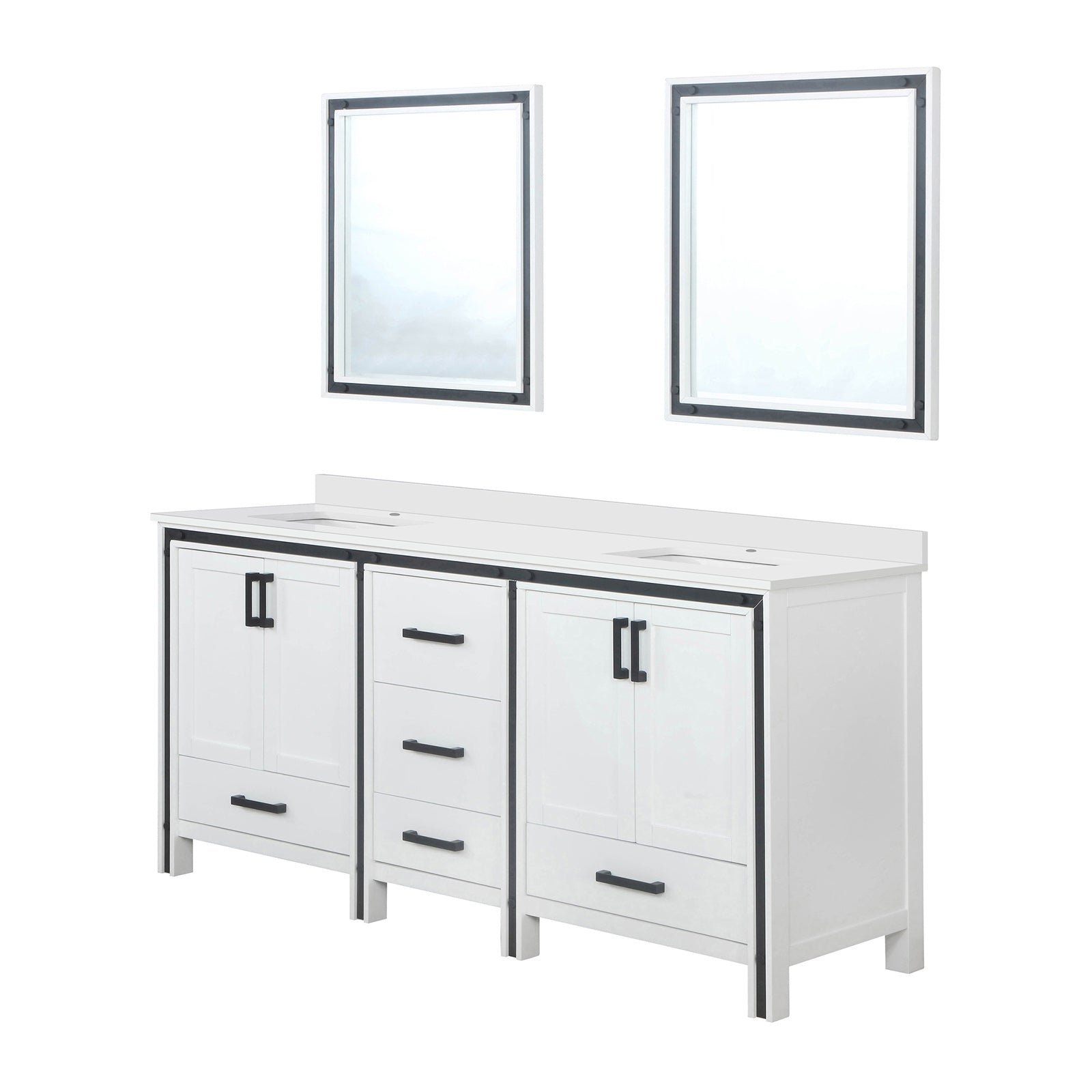 White Double Bath Vanity 72 in. W x 22 in. D, White Quartz Top and 30 in. Mirrors