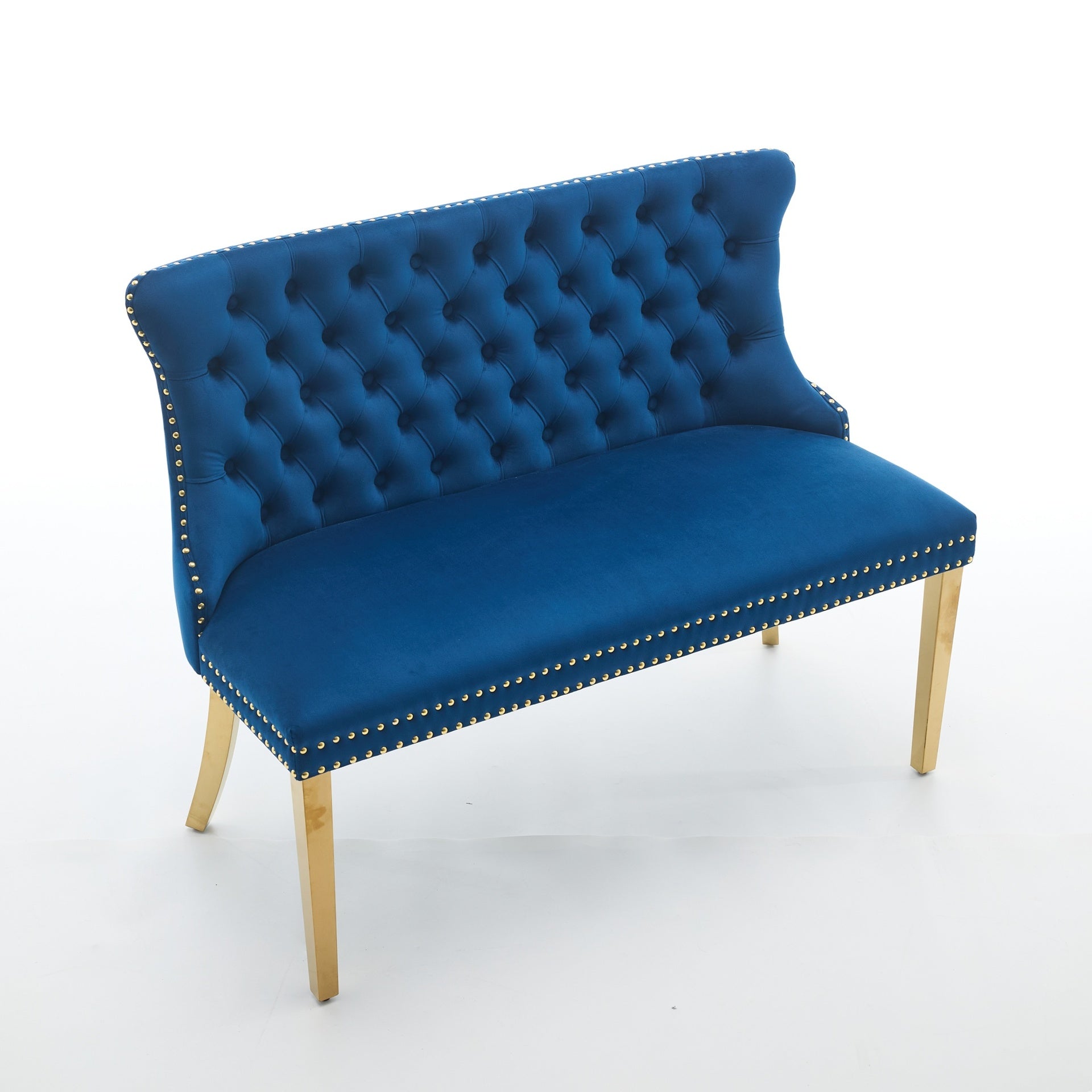 Velvet Double Dining Loveseat Bench, Kitchen & Dining Seating, 2-Seat Tufted Bench w/Handmade Buttons, Wing Back, Gold-Plated Steel Legs, Mid Century Modern,Single Pack,Blue,SW1602BL