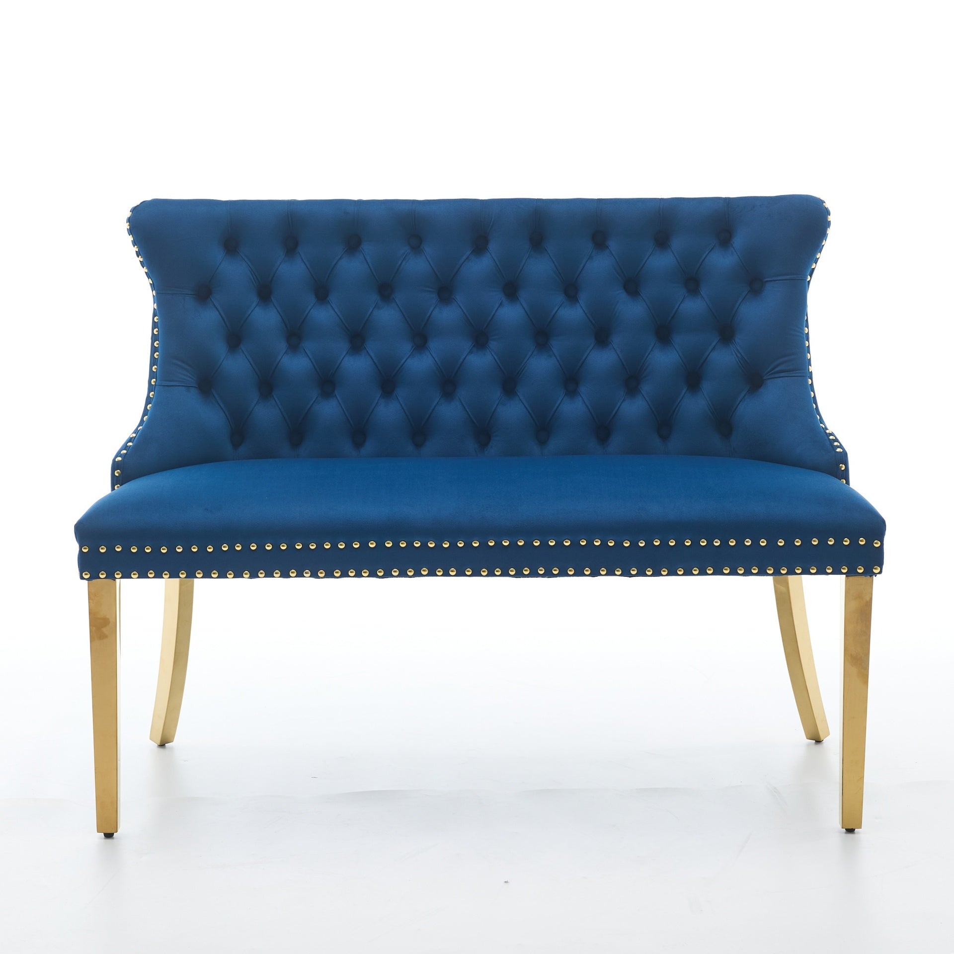 Velvet Double Dining Loveseat Bench, Kitchen & Dining Seating, 2-Seat Tufted Bench w/Handmade Buttons, Wing Back, Gold-Plated Steel Legs, Mid Century Modern,Single Pack,Blue,SW1602BL