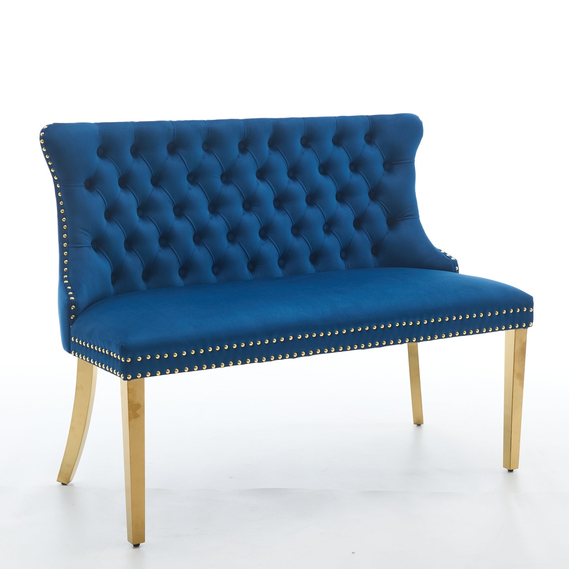 Velvet Double Dining Loveseat Bench, Kitchen & Dining Seating, 2-Seat Tufted Bench w/Handmade Buttons, Wing Back, Gold-Plated Steel Legs, Mid Century Modern,Single Pack,Blue,SW1602BL