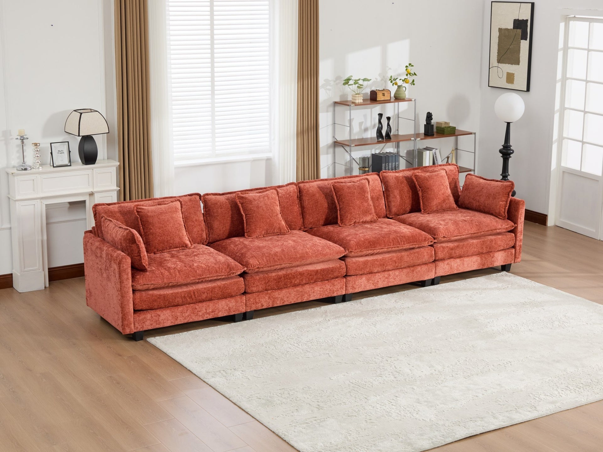 Cloud Sofa 4 Seats (Ottoman is not included), Modern Sectional Couch, for Living Room Bedroom and Apartment, Comfy Double Layer Upholstered Seat Cushion, Breathable Chenille Fabric,Orange,SW5014OG