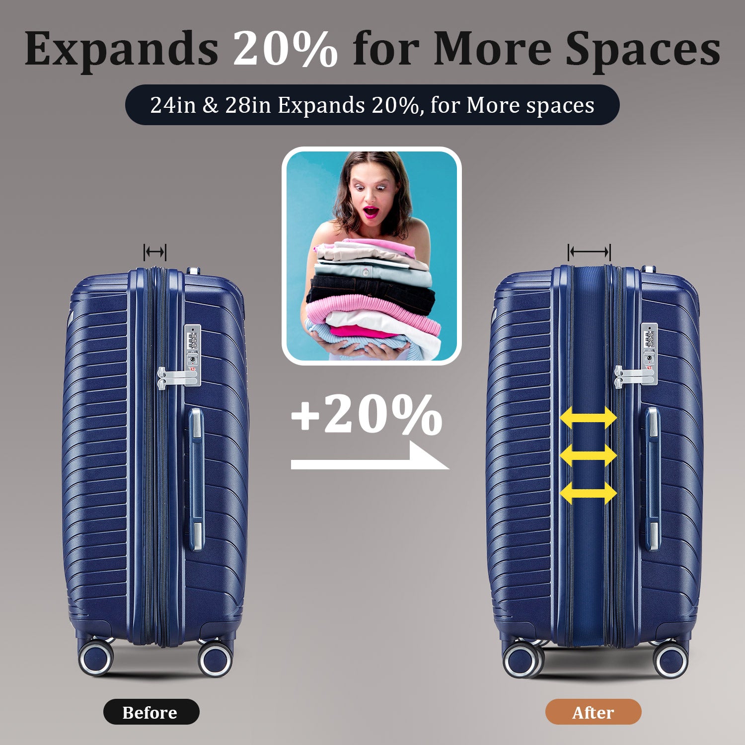 Luggage Sets 4 Piece(14/20/24/28), Expandable Lightweight Suitcase with 4 Double 360 Degrees Mute Spinner Wheels PP Materials Durable TSA Lock Travel Luggage