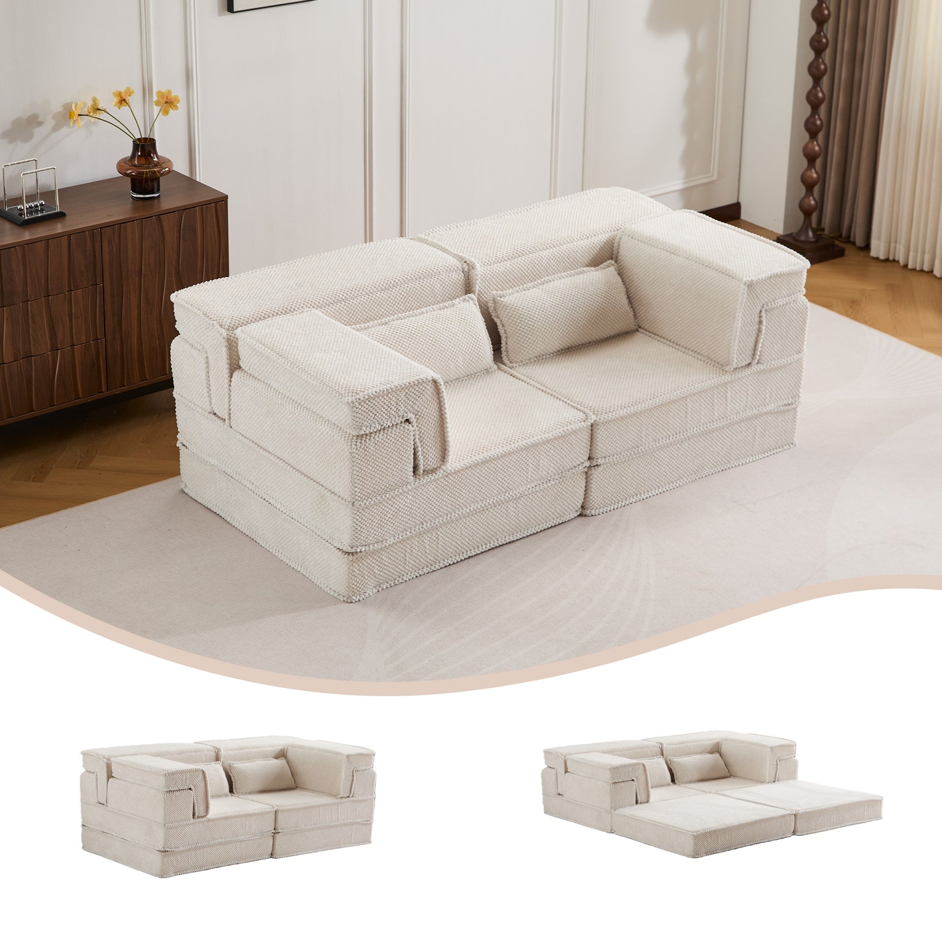 Compression Mahjong Sofa,Convertible Floor Sofa Bed,DIY Boneless Modular Sectional Sofa,No Assembly Required,Circle fleece fabric,Modern Oversized Loveseat,White