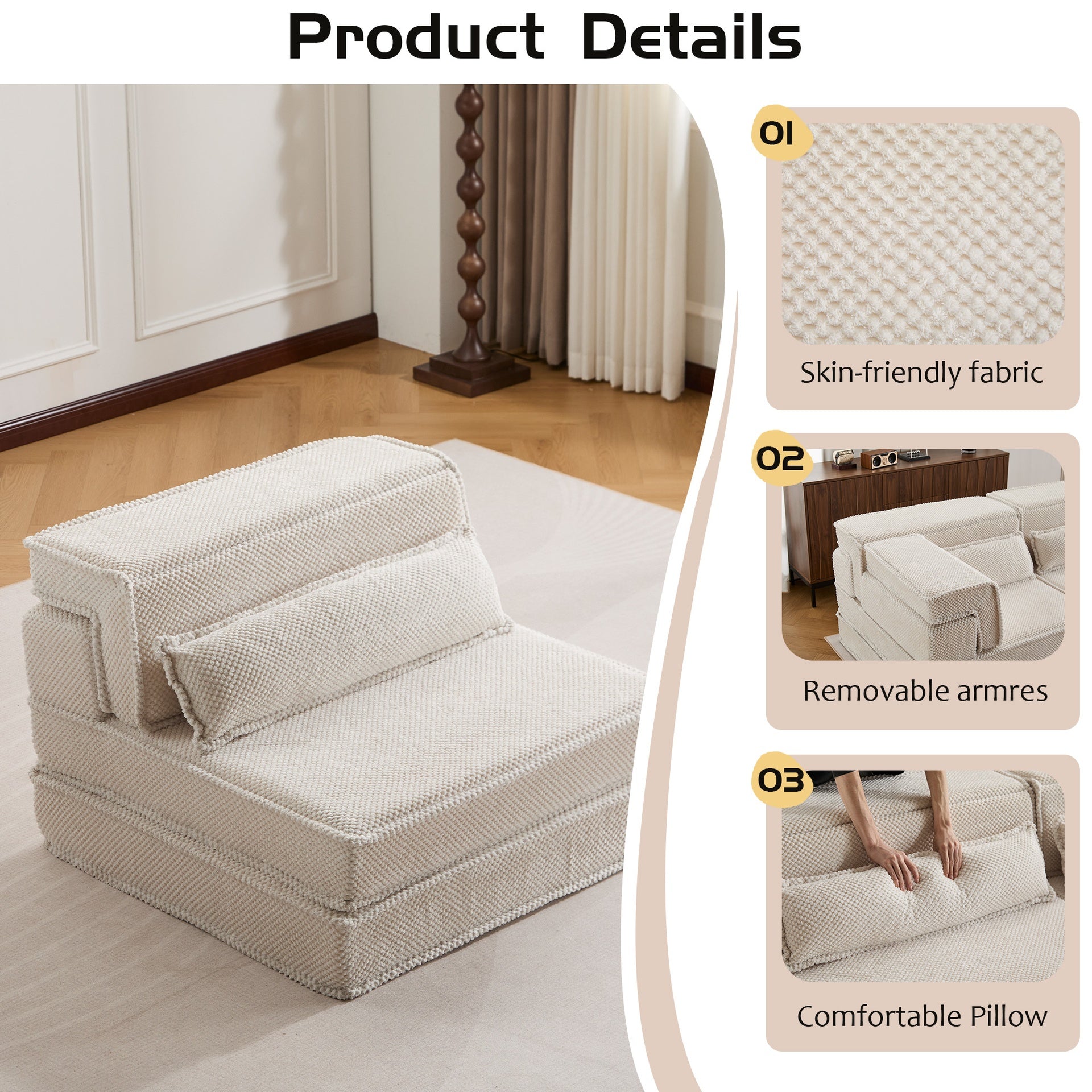 Compression Mahjong Sofa,Convertible Floor Sofa Bed,DIY Boneless Modular Sectional Sofa,No Assembly Required,Circle fleece fabric,Oversized Single Sofa with 1 Pillow,White