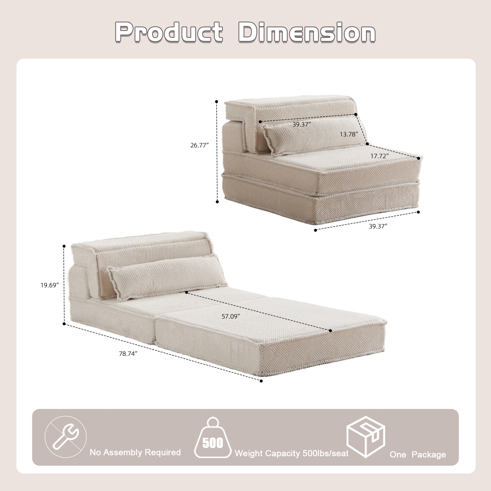 Compression Mahjong Sofa,Convertible Floor Sofa Bed,DIY Boneless Modular Sectional Sofa,No Assembly Required,Circle fleece fabric,Oversized Single Sofa with 1 Pillow,White