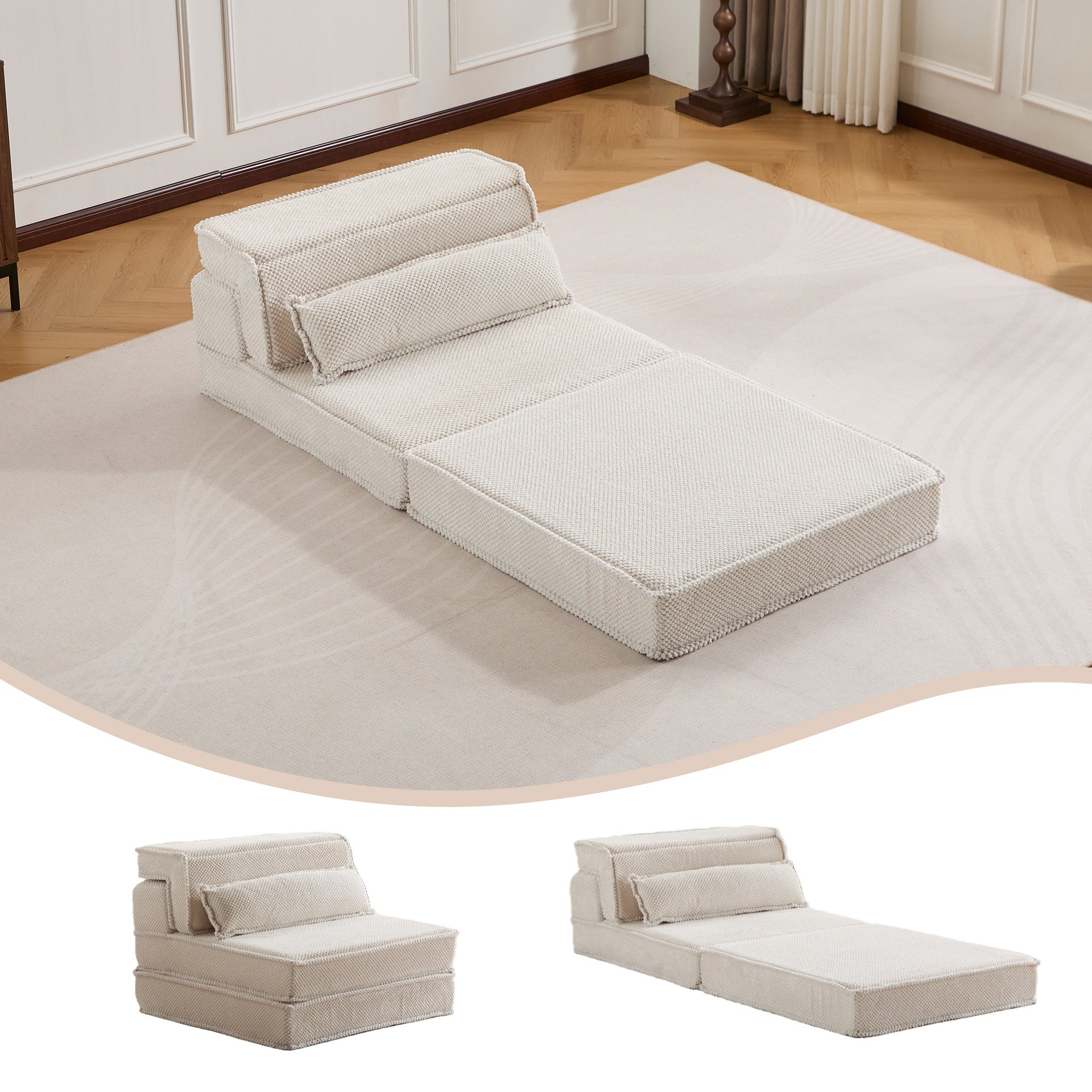 Compression Mahjong Sofa,Convertible Floor Sofa Bed,DIY Boneless Modular Sectional Sofa,No Assembly Required,Circle fleece fabric,Oversized Single Sofa with 1 Pillow,White