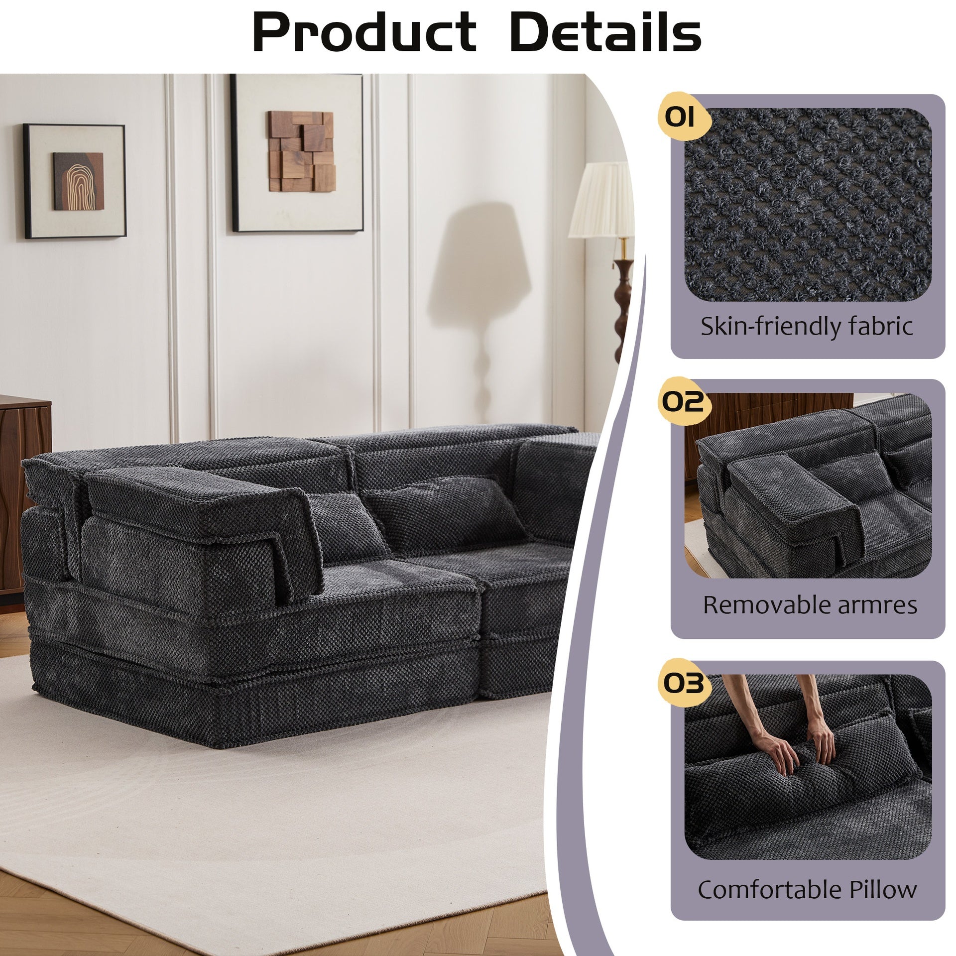Compression Mahjong Sofa,Convertible Floor Sofa Bed,DIY Boneless Modular Sectional Sofa,No Assembly Required,Circle fleece fabric,Modern Oversized Loveseat,Dark Grey