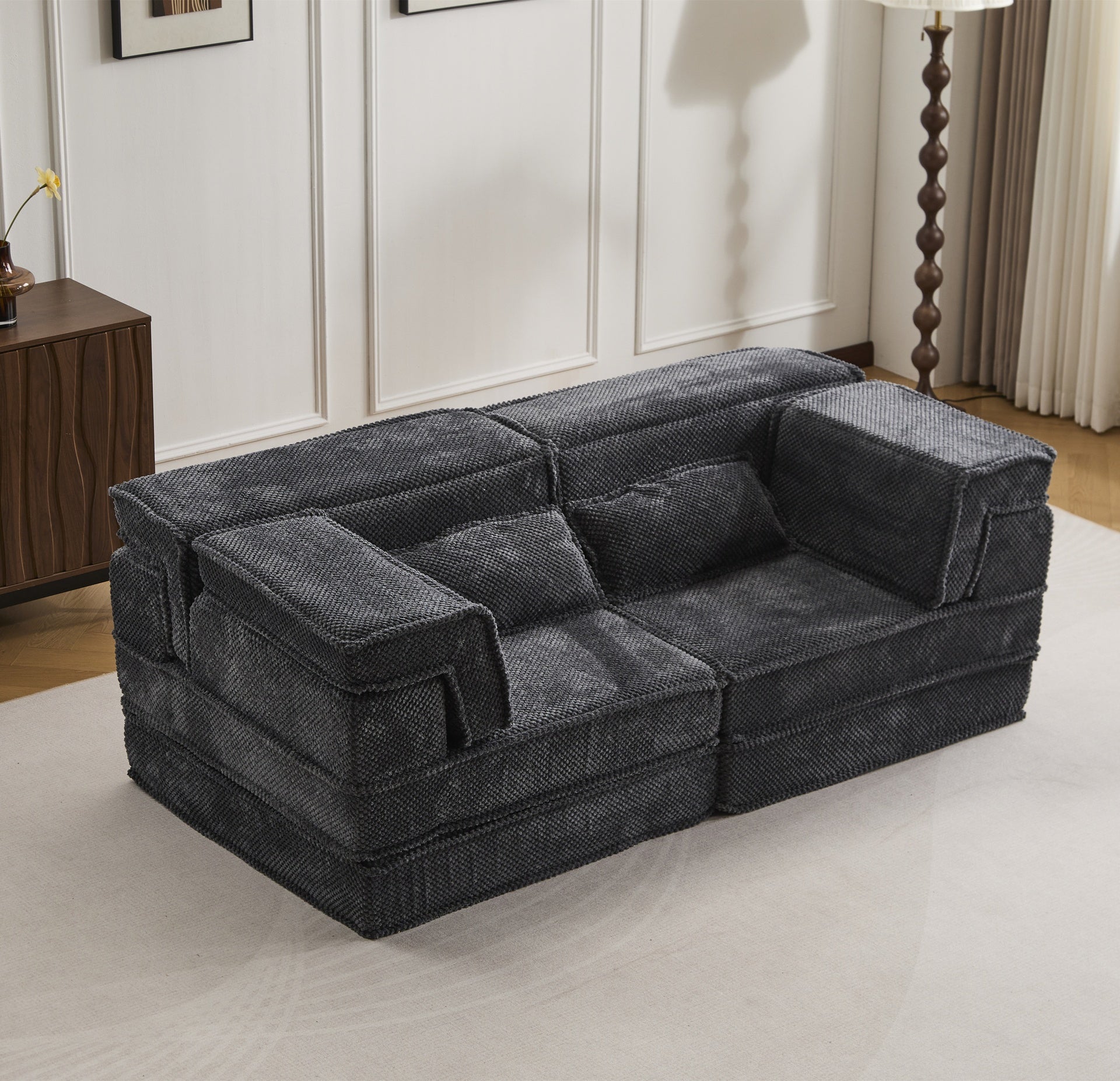 Compression Mahjong Sofa,Convertible Floor Sofa Bed,DIY Boneless Modular Sectional Sofa,No Assembly Required,Circle fleece fabric,Modern Oversized Loveseat,Dark Grey