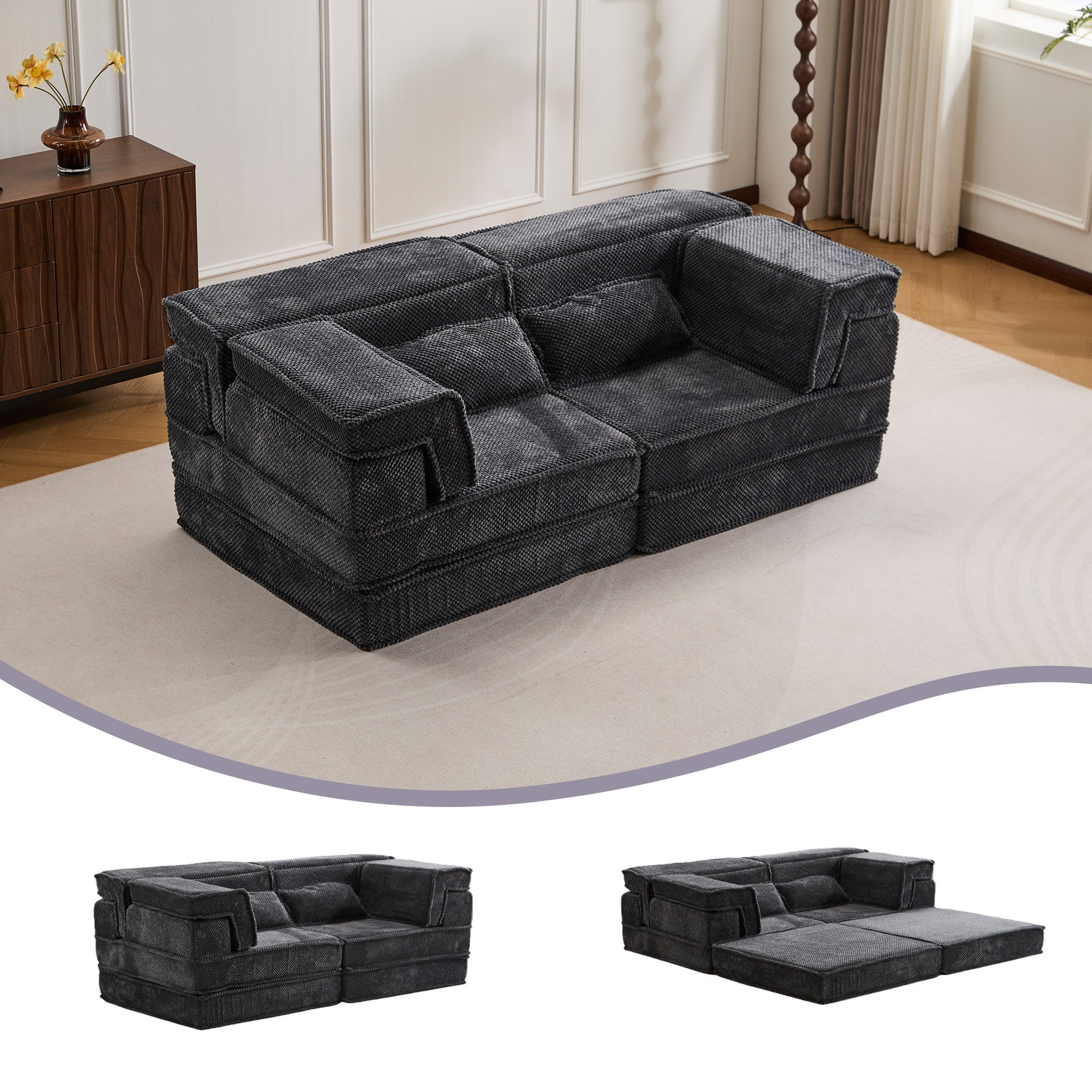 Compression Mahjong Sofa,Convertible Floor Sofa Bed,DIY Boneless Modular Sectional Sofa,No Assembly Required,Circle fleece fabric,Modern Oversized Loveseat,Dark Grey