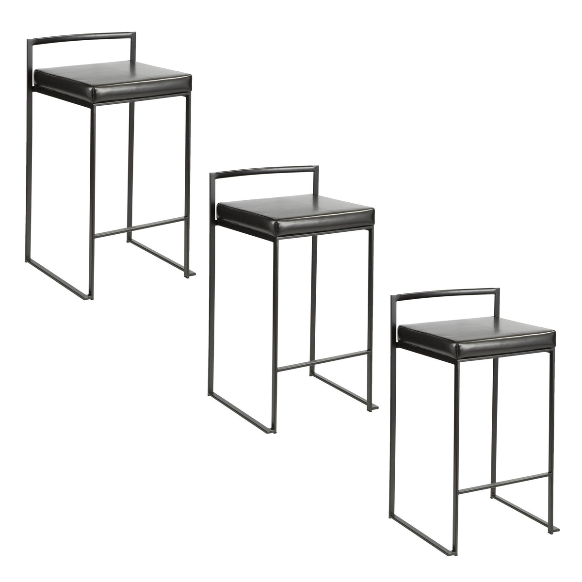 Fuji 26" Contemporary Stackable Counter Stool in Black Metal with Black Faux Leather Cushion by LumiSource - Set of 3