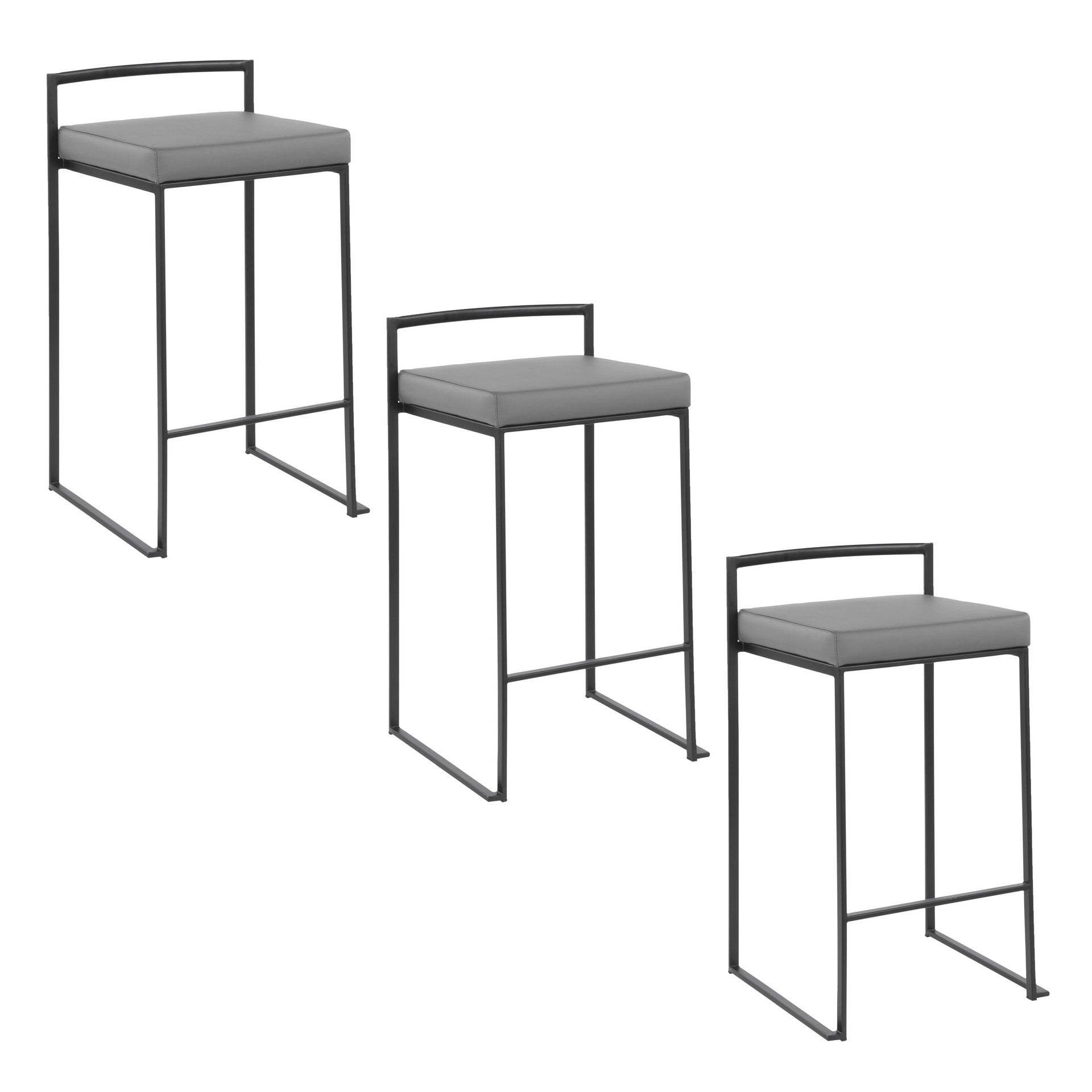 Fuji 26" Contemporary Stackable Counter Stool in Black Metal with Grey Faux Leather Cushion by LumiSource - Set of 3