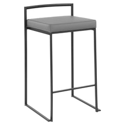 Fuji 26" Contemporary Stackable Counter Stool in Black Metal with Grey Faux Leather Cushion by LumiSource - Set of 3