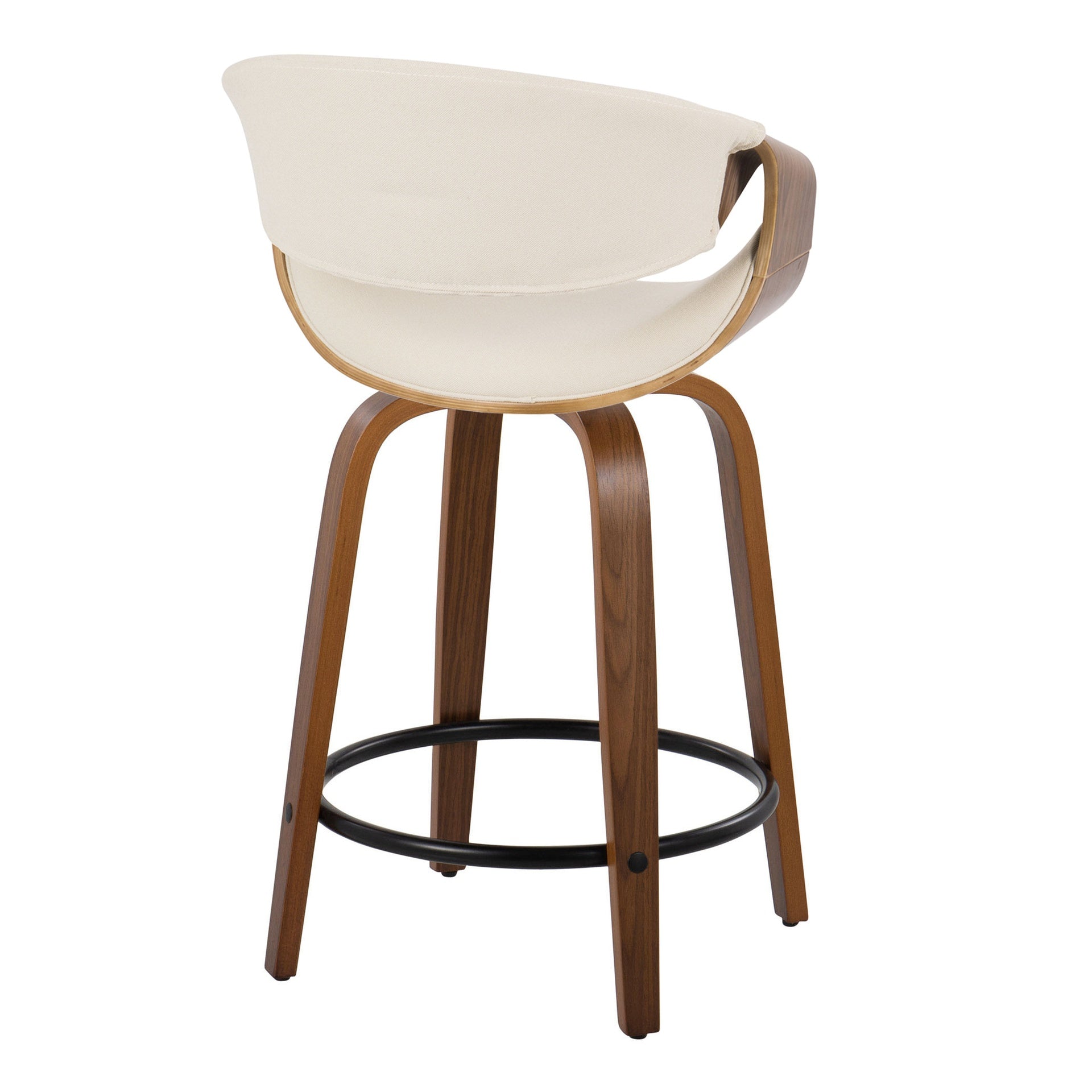 Curvini 24" Mid-Century Modern Fixed-Height Counter Stool with Swivel in Walnut Wood and Cream Fabric with Round Black Metal Footrest by LumiSource - Set of 2