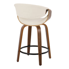 Curvini 24" Mid-Century Modern Fixed-Height Counter Stool with Swivel in Walnut Wood and Cream Fabric with Round Black Metal Footrest by LumiSource - Set of 2