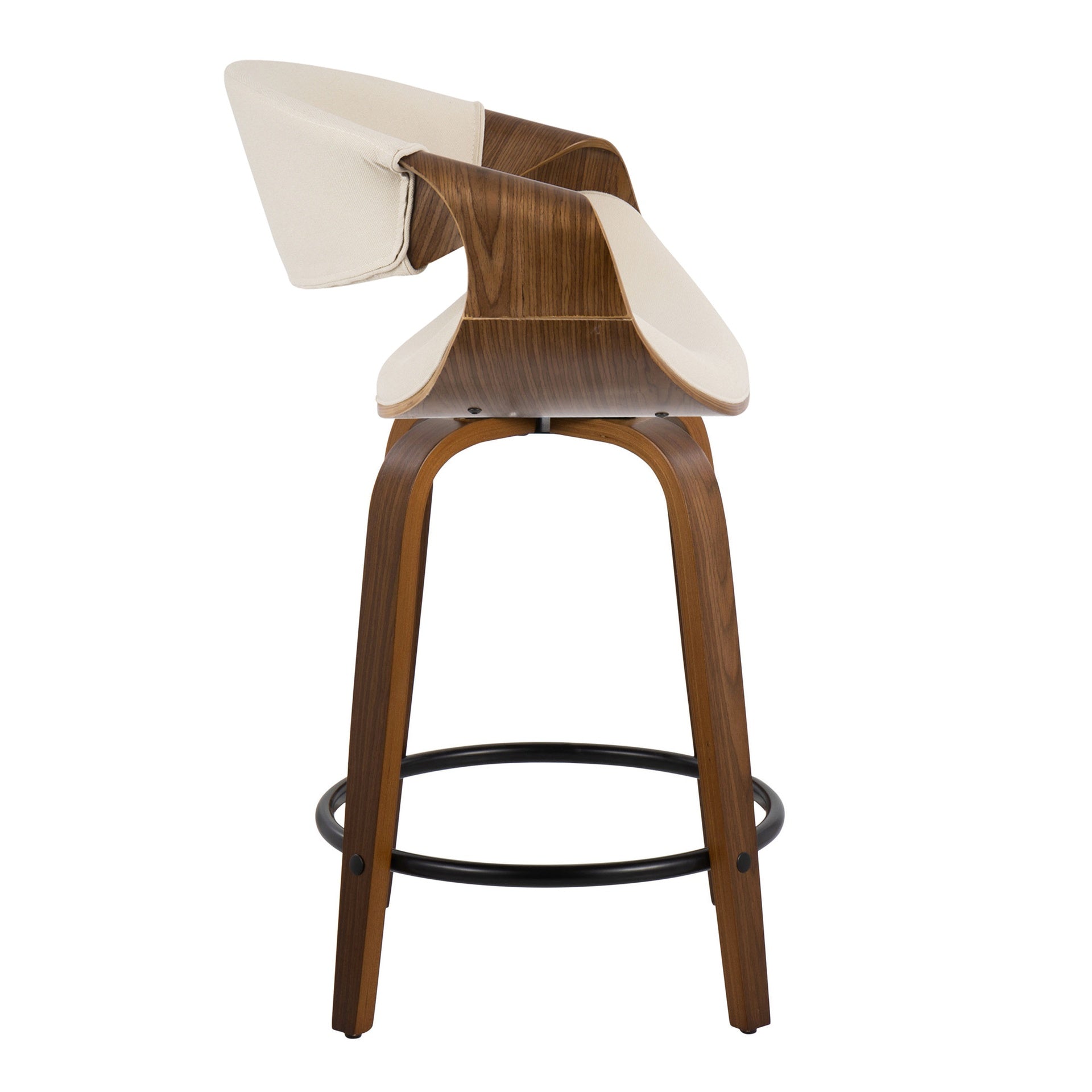 Curvini 24" Mid-Century Modern Fixed-Height Counter Stool with Swivel in Walnut Wood and Cream Fabric with Round Black Metal Footrest by LumiSource - Set of 2