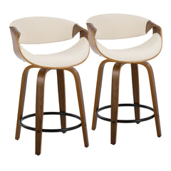 Curvini 24" Mid-Century Modern Fixed-Height Counter Stool with Swivel in Walnut Wood and Cream Fabric with Round Black Metal Footrest by LumiSource - Set of 2