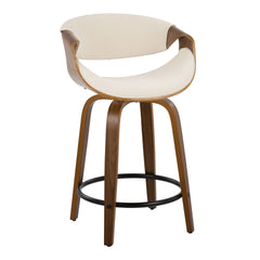 Curvini 24" Mid-Century Modern Fixed-Height Counter Stool with Swivel in Walnut Wood and Cream Fabric with Round Black Metal Footrest by LumiSource - Set of 2