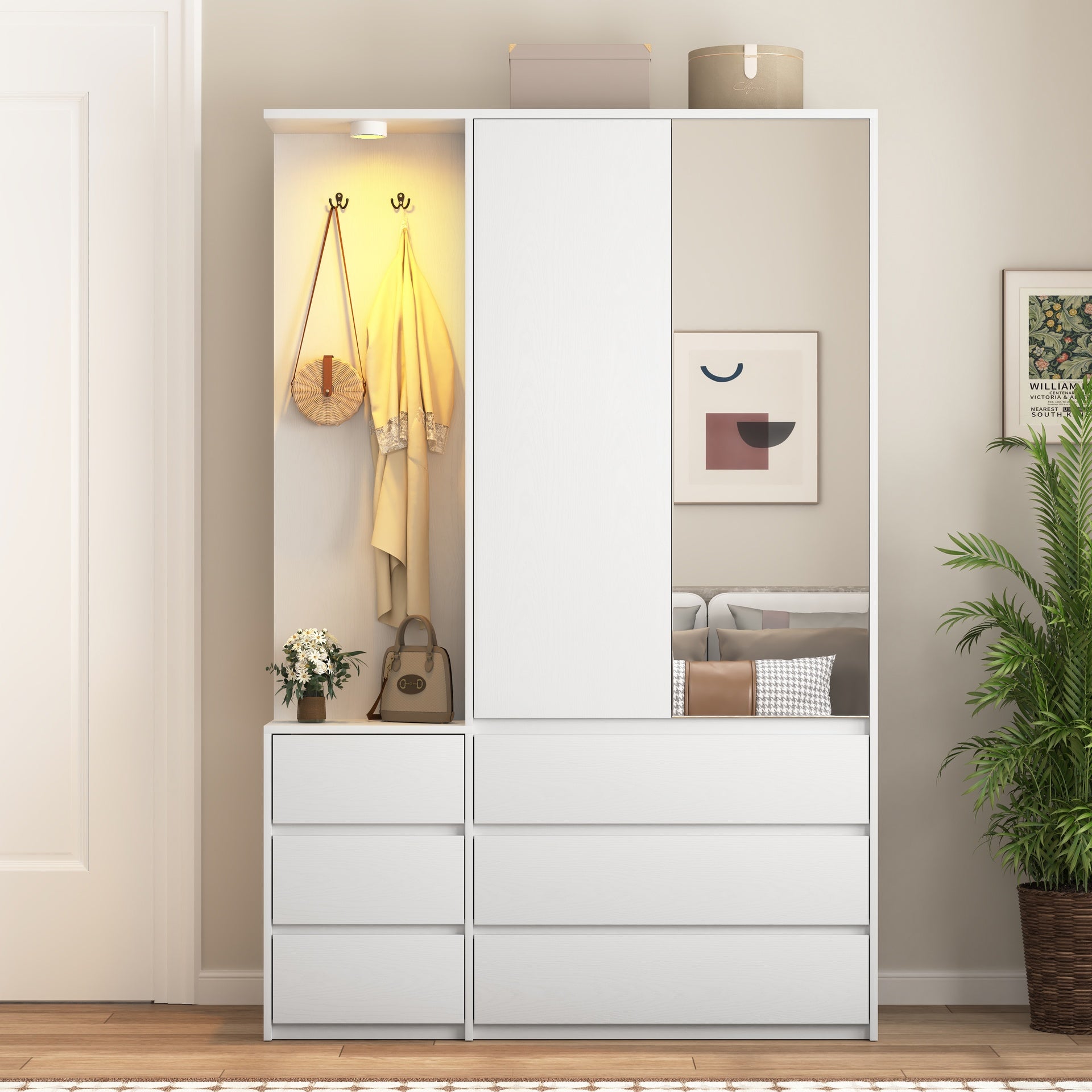 Wardrobe Closet 71.7" H, Bedroom Wooden Wardrobe with 2 Doors 6 Drawers, Modern Clothing Storage Cabinet Combination with Storage Shelves and Hanging Rail, White