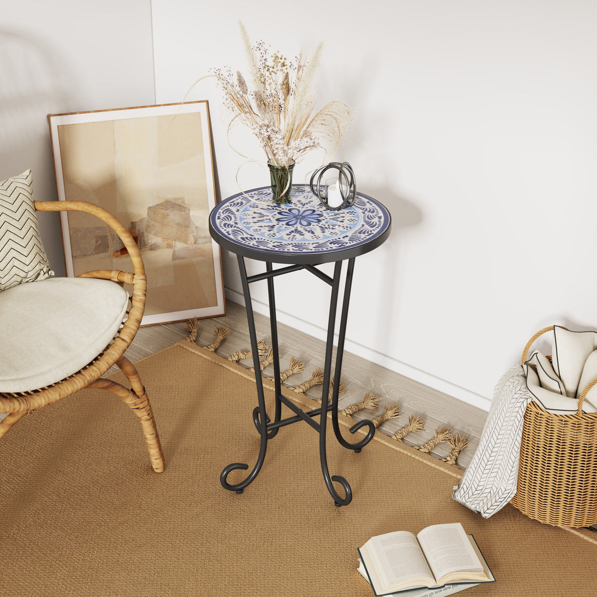 Patio Side Table,Blue+Black