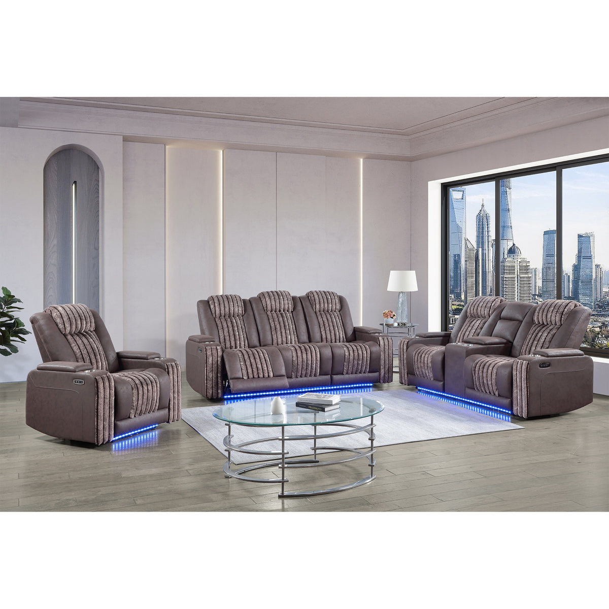 Duran Brown 3PC Power Reclining Sofa-Loveseat and Recliner with Power Headrest, LED and more
