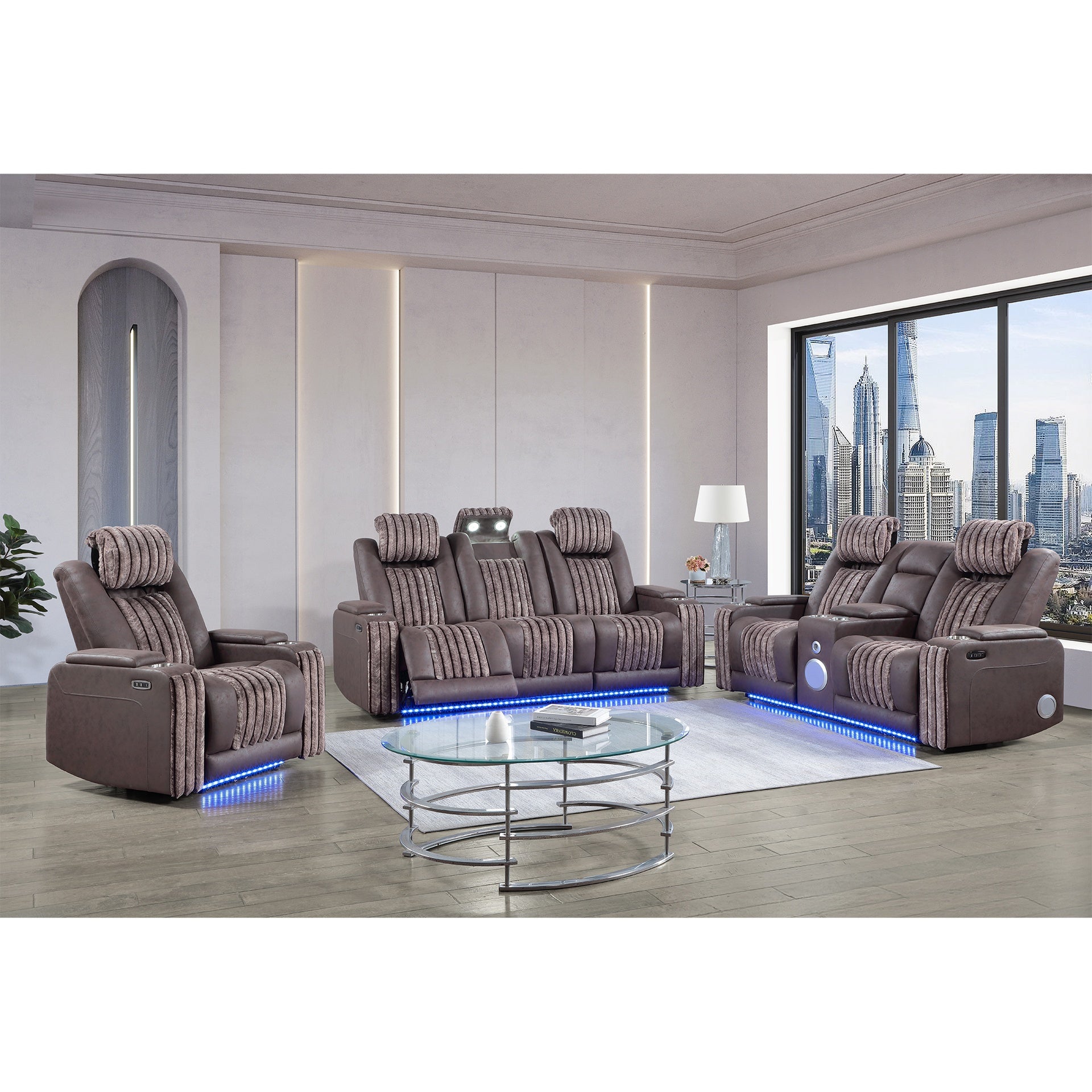 Duran Brown 3PC Power Reclining Sofa-Loveseat and Recliner with Power Headrest, LED and more