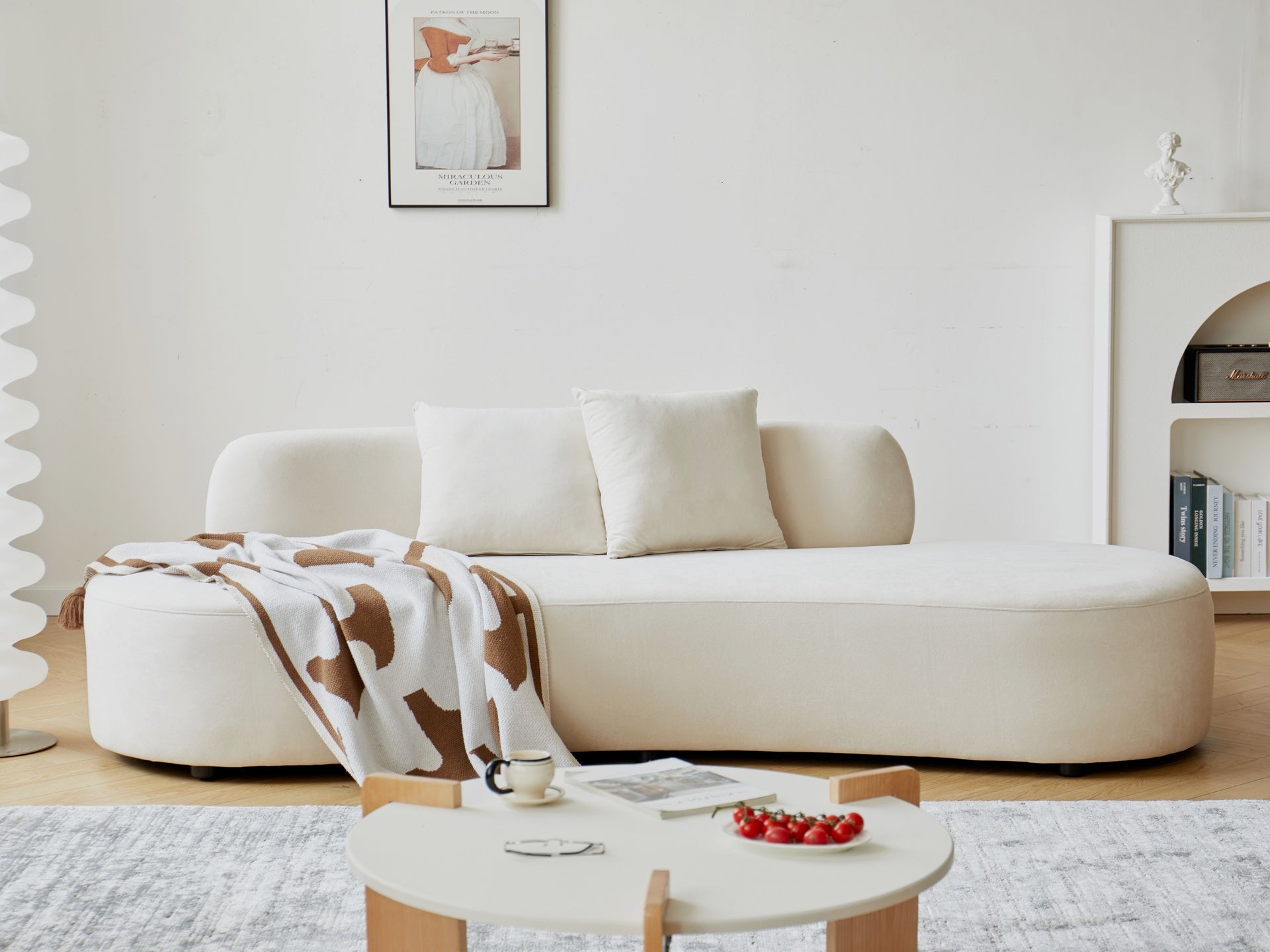 90" Curved Sofa with Throw Pillows, 4 Seater Luxury Velvet Couch with Half Moon Design and High-Density Foam, Ideal for Modern Living Room, Office & Apartment, Ivory