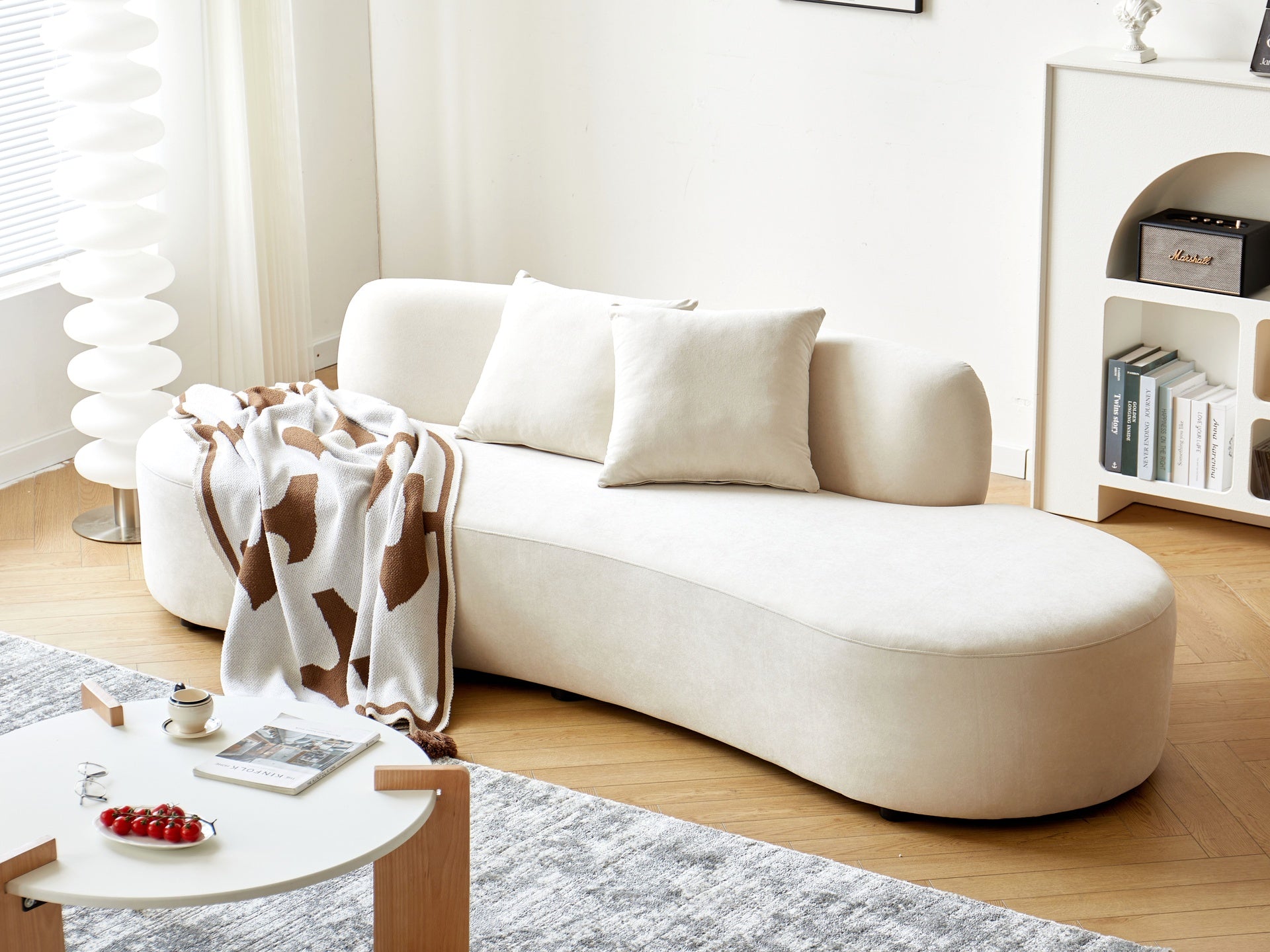90" Curved Sofa with Throw Pillows, 4 Seater Luxury Velvet Couch with Half Moon Design and High-Density Foam, Ideal for Modern Living Room, Office & Apartment, Ivory