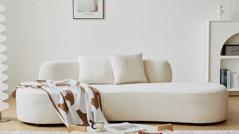 90" Curved Sofa with Throw Pillows, 4 Seater Luxury Velvet Couch with Half Moon Design and High-Density Foam, Ideal for Modern Living Room, Office & Apartment, Ivory
